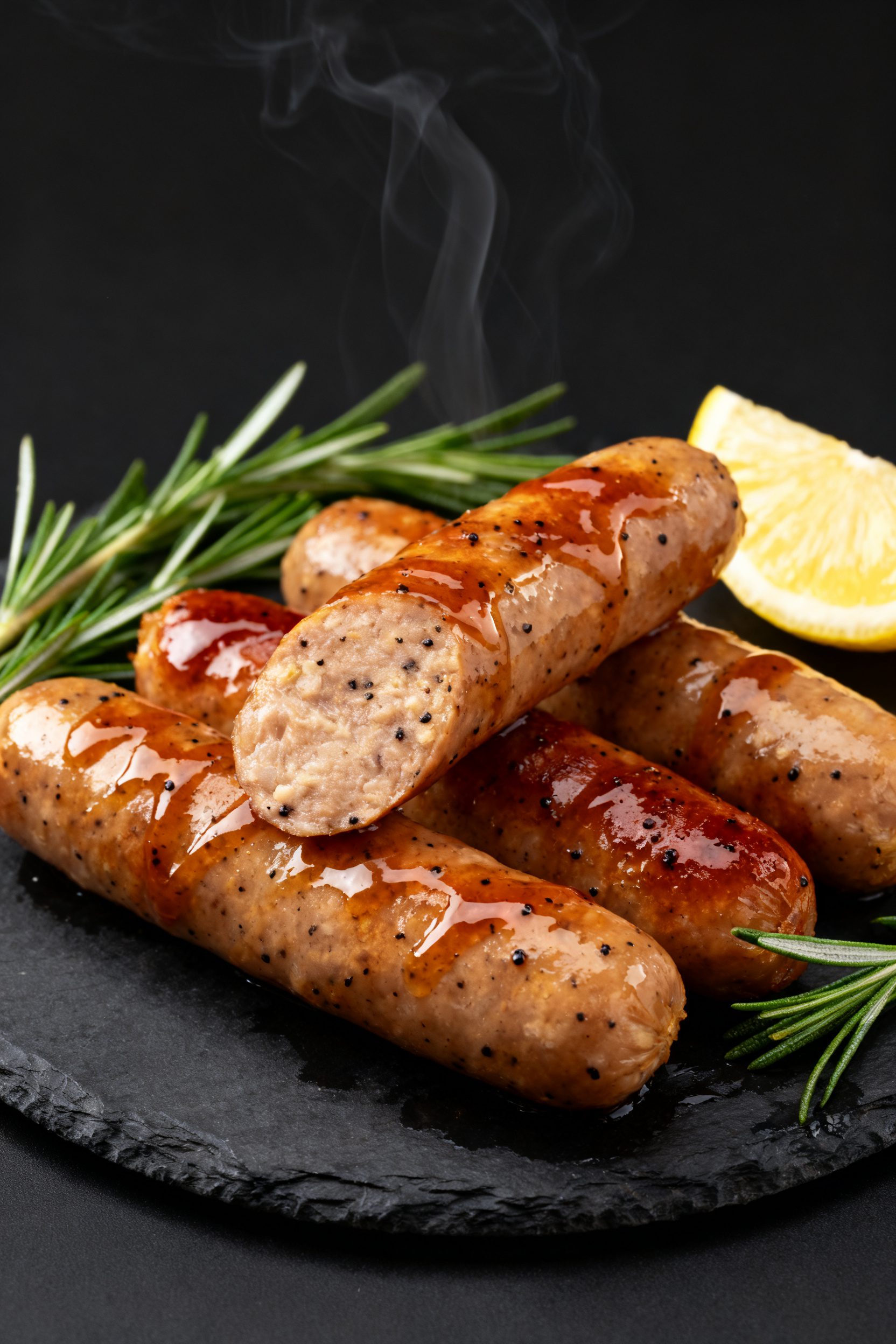 Final dish presentation: Restaurant-quality plate of sticky maple-pepper turkey sausage links, glist