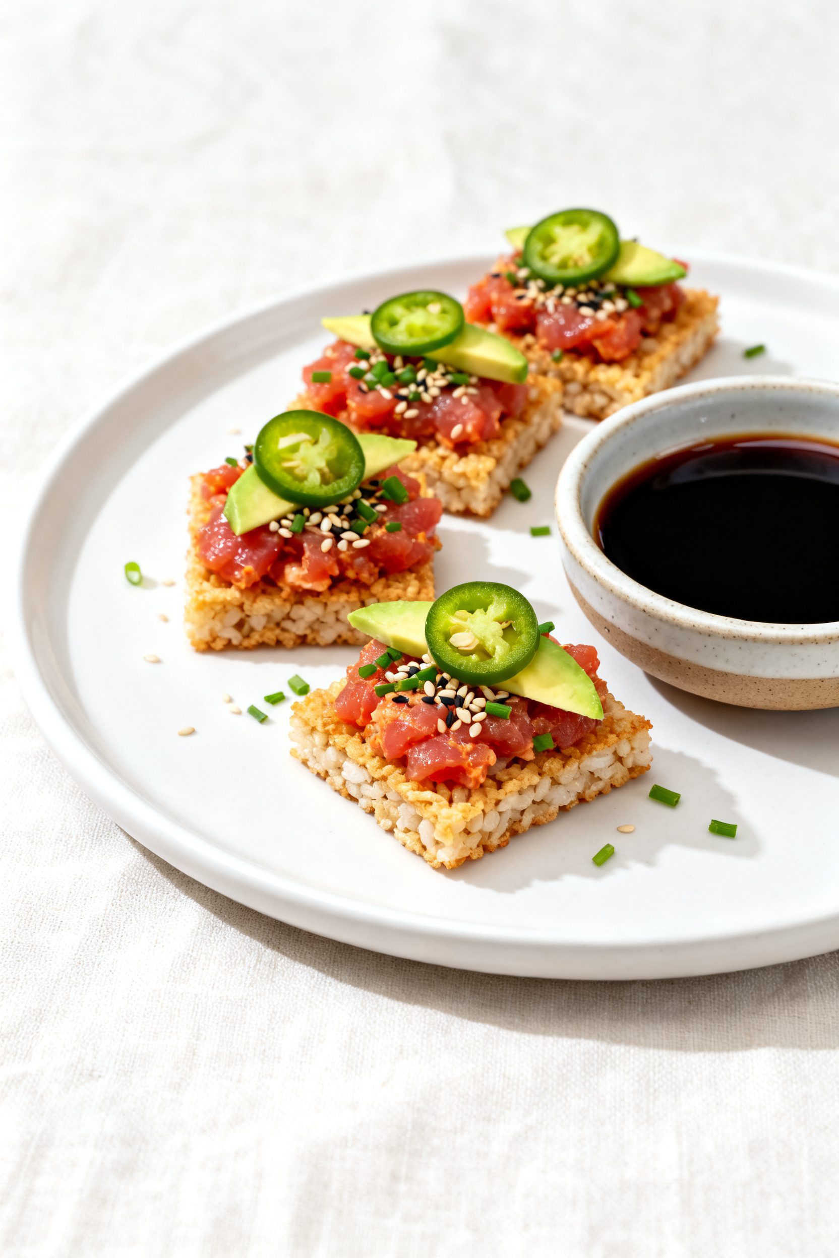 Final dish presentation: Restaurant-quality plate of Air Fryer Crispy Rice Spicy Tuna—neatly arran