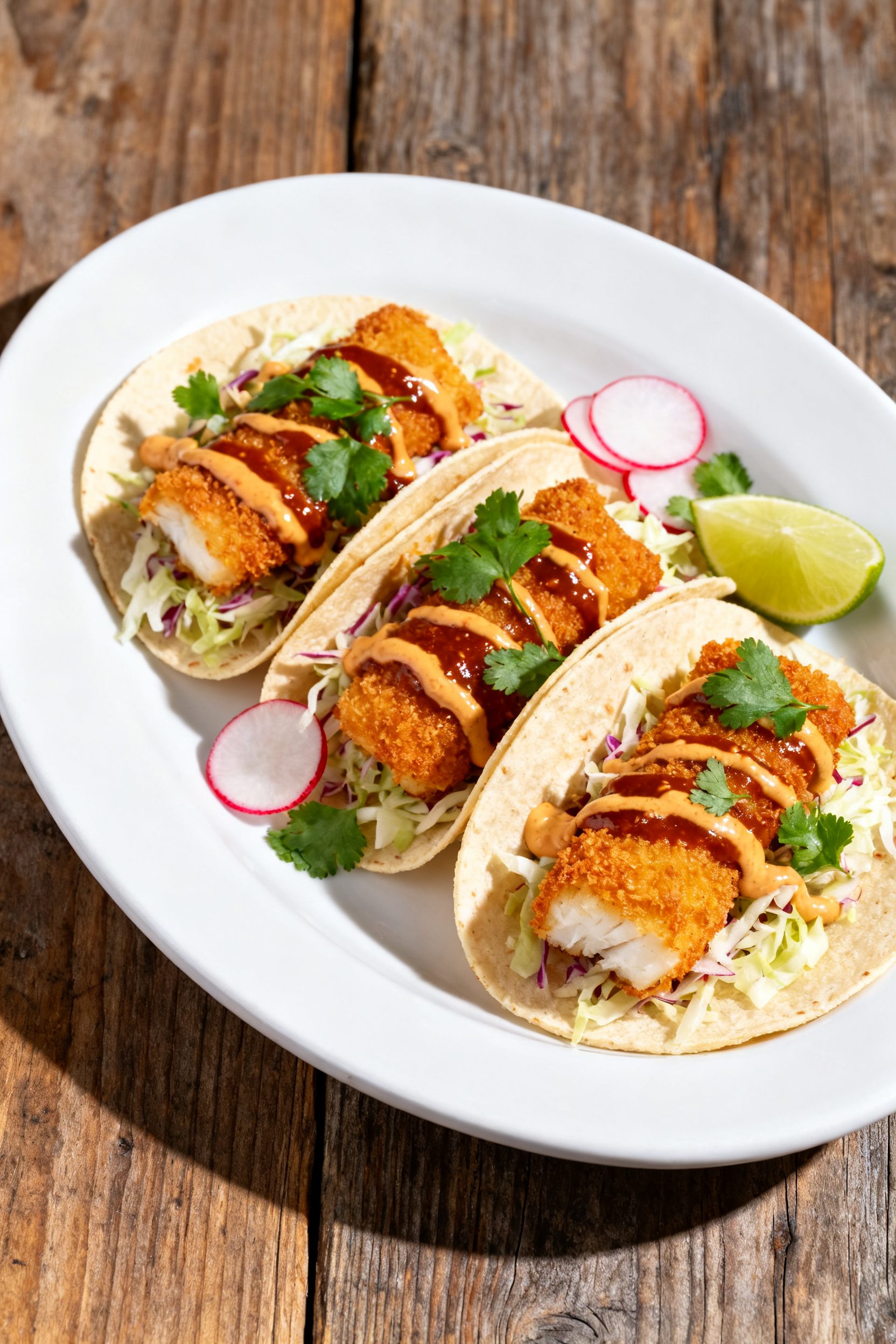 Final dish presentation: Restaurant-quality plate of cod bite tacos—three warm tortillas filled wi