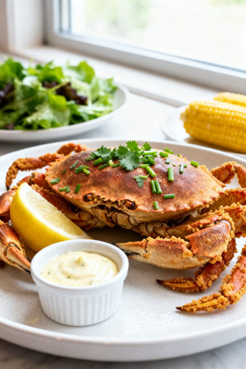 Final dish presentation: Restaurant-quality plated Air Fryer Soft Shell Crab on a matte white plate,