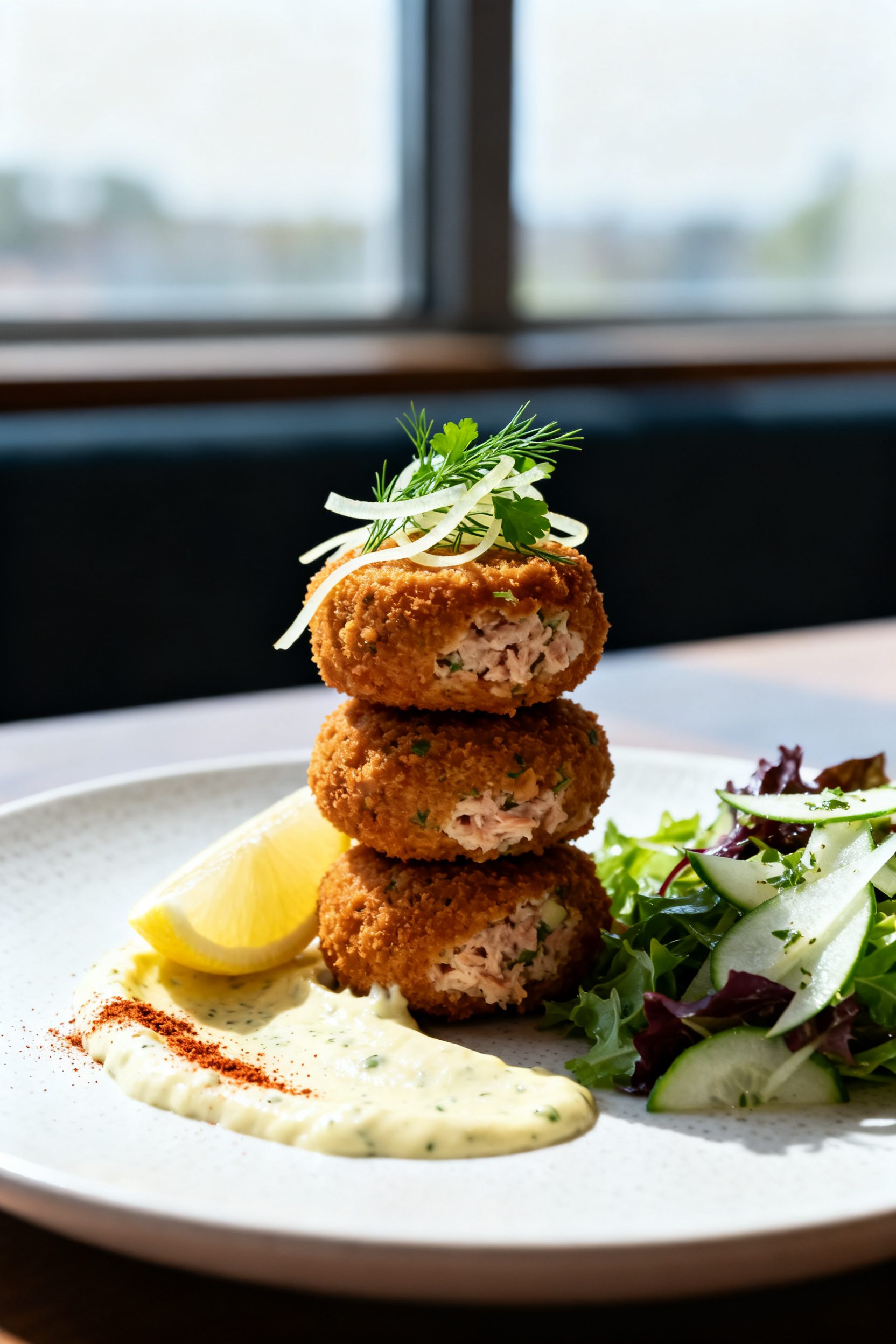 Final dish presentation: Restaurant-quality plated tuna croquettes stacked three-high on a matte whi