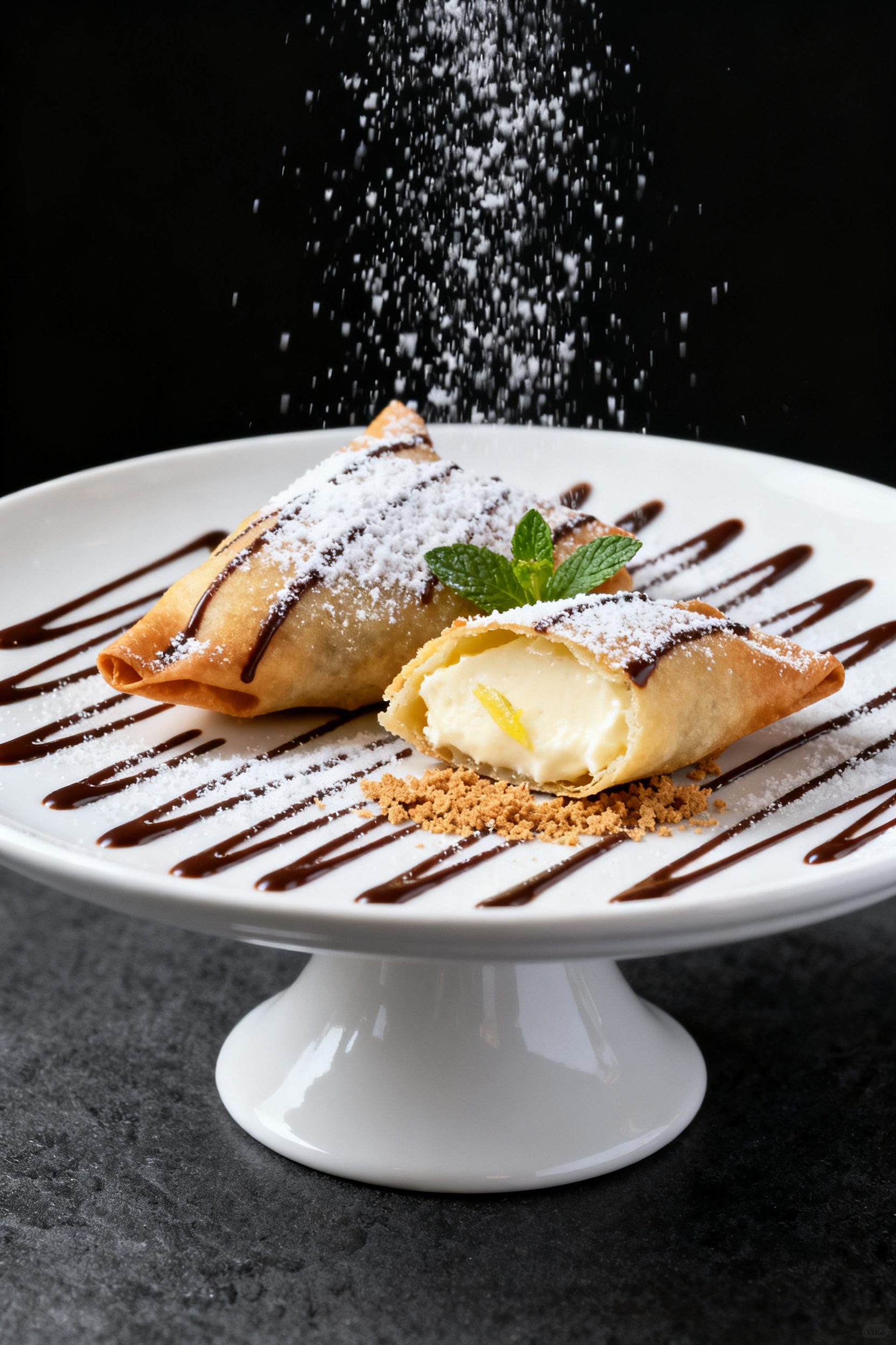 Final dish presentation: Restaurant-quality plated cheesecake wontons drizzled in a thin zigzag of c