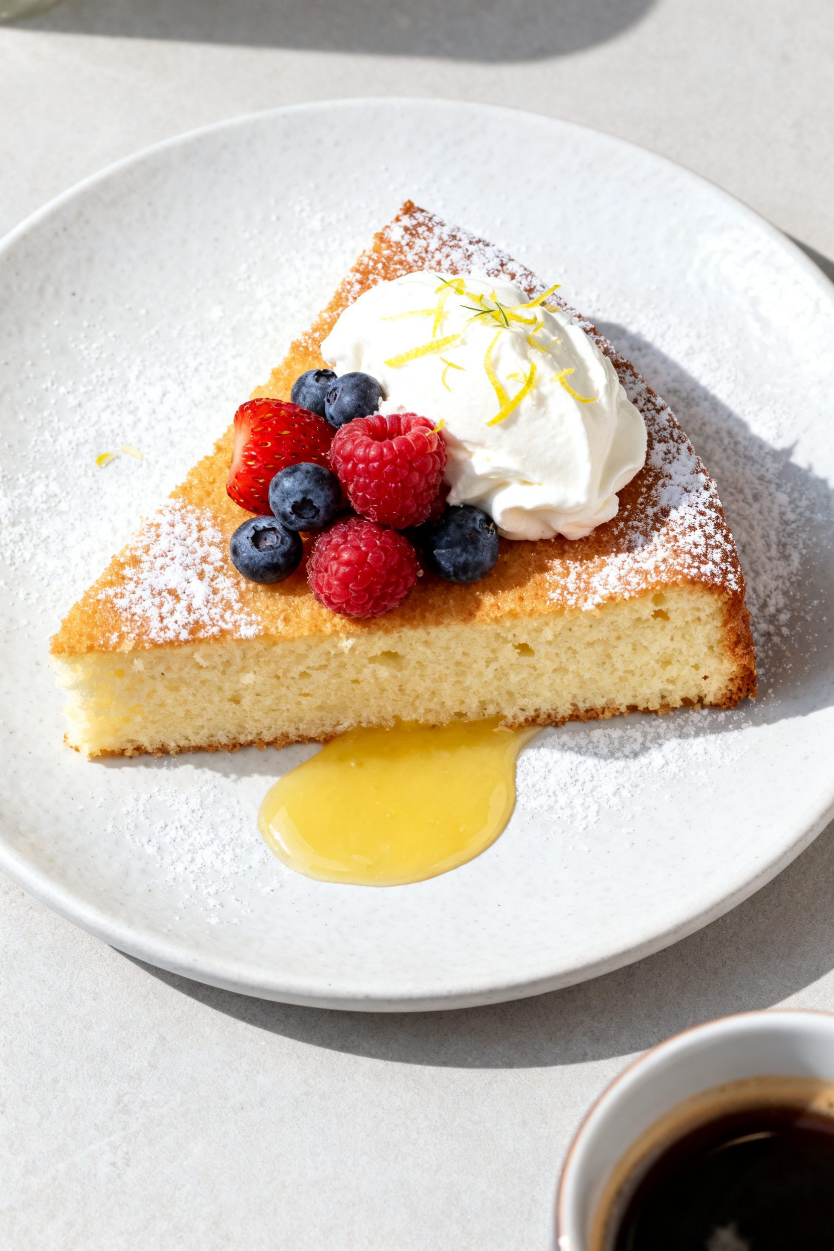 Final dish presentation: Restaurant-quality plated slice of Air Fryer Sponge Cake on a matte white p