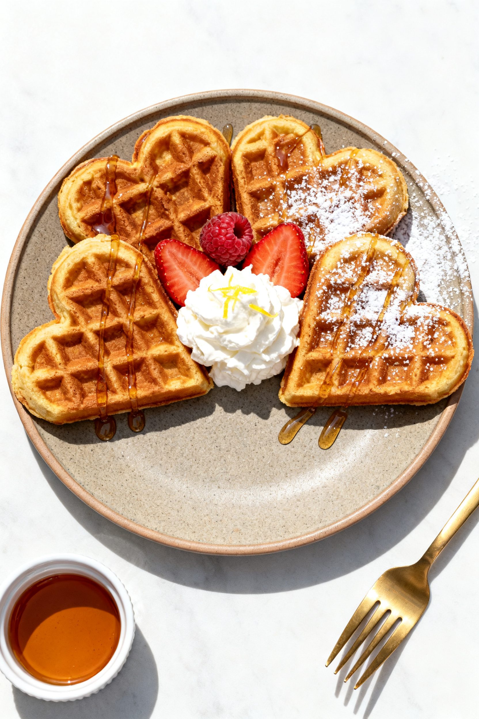 Final dish presentation: Restaurant-quality plated Valentine’s brunch scene of heart-shaped waffle