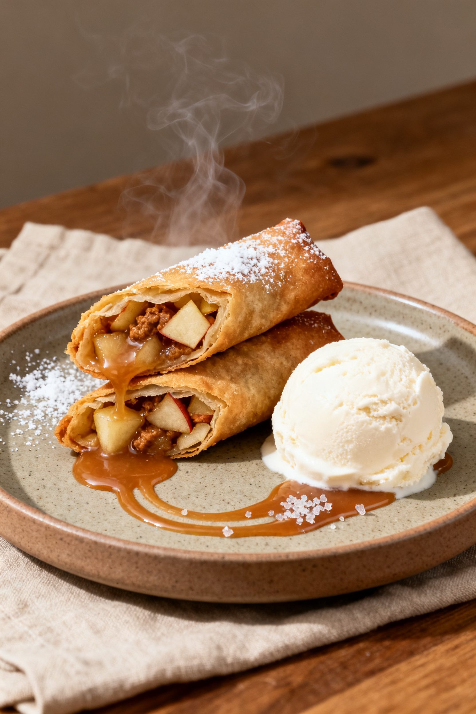 Final dish presentation: Restaurant-quality plated dessert of sliced-open apple pie egg rolls stacke