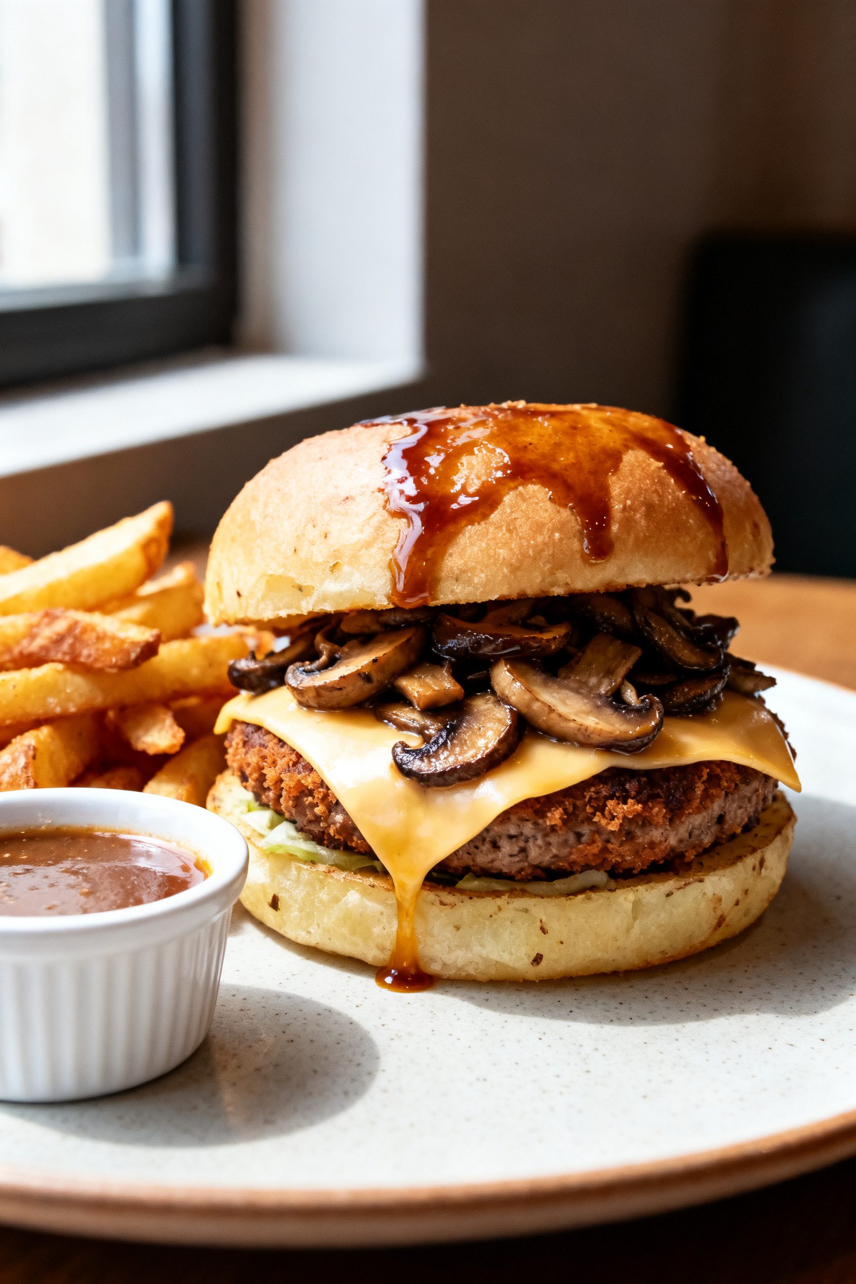 Final dish presentation: Restaurant-quality plated burger with Mushroom-Swiss variation—air-fried 