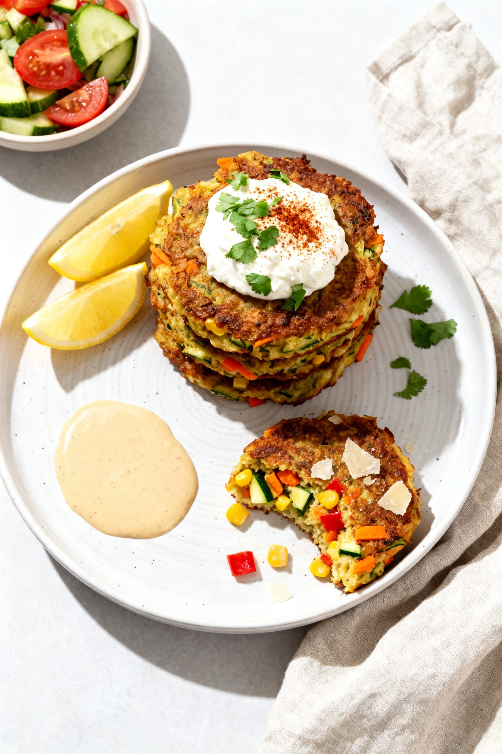 Final dish presentation: Restaurant-quality plated stack of crispy veggie fritters on a white cerami