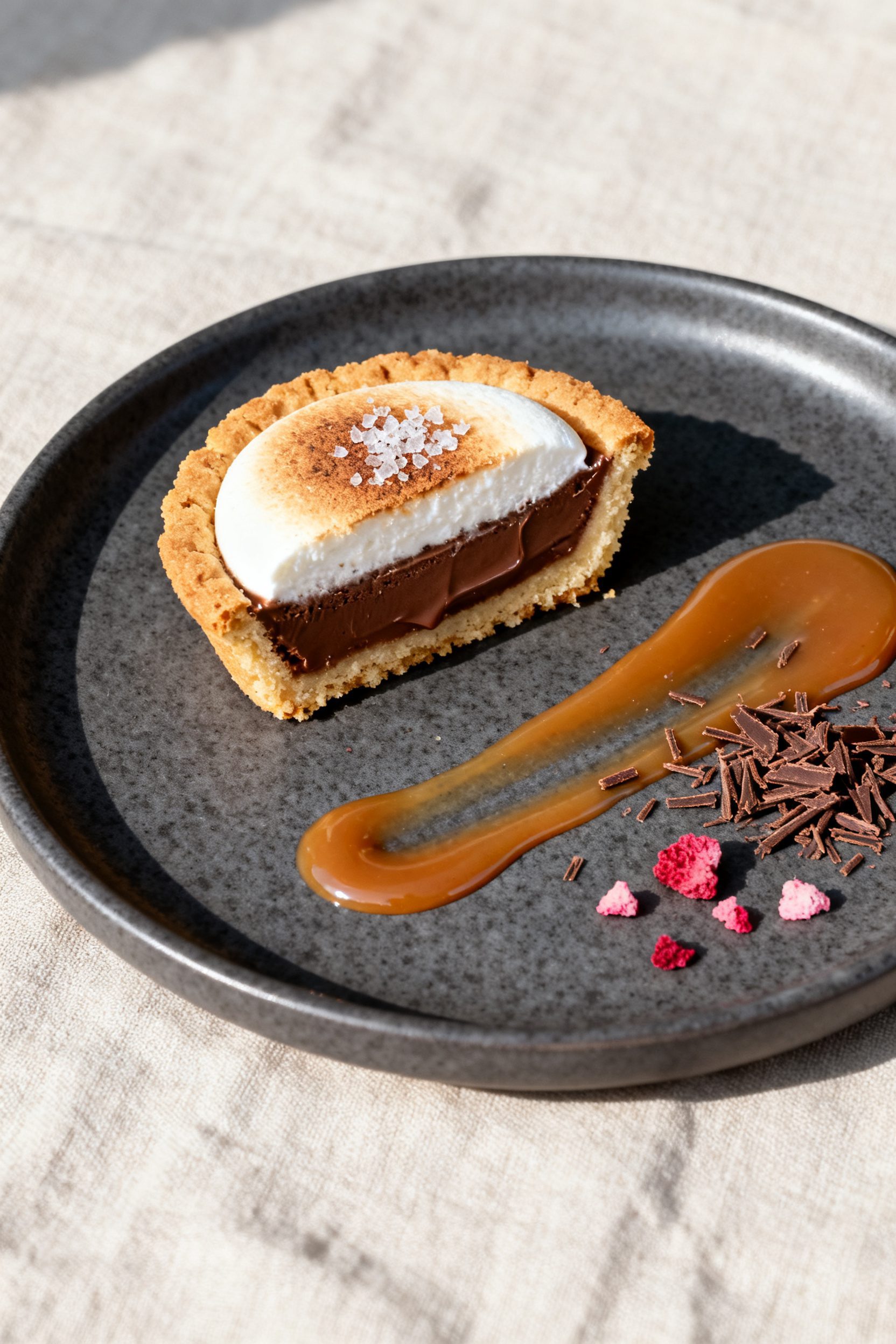 Final dish presentation: Restaurant-quality plated Air Fryer Mini Smores Pies on a matte charcoal pl