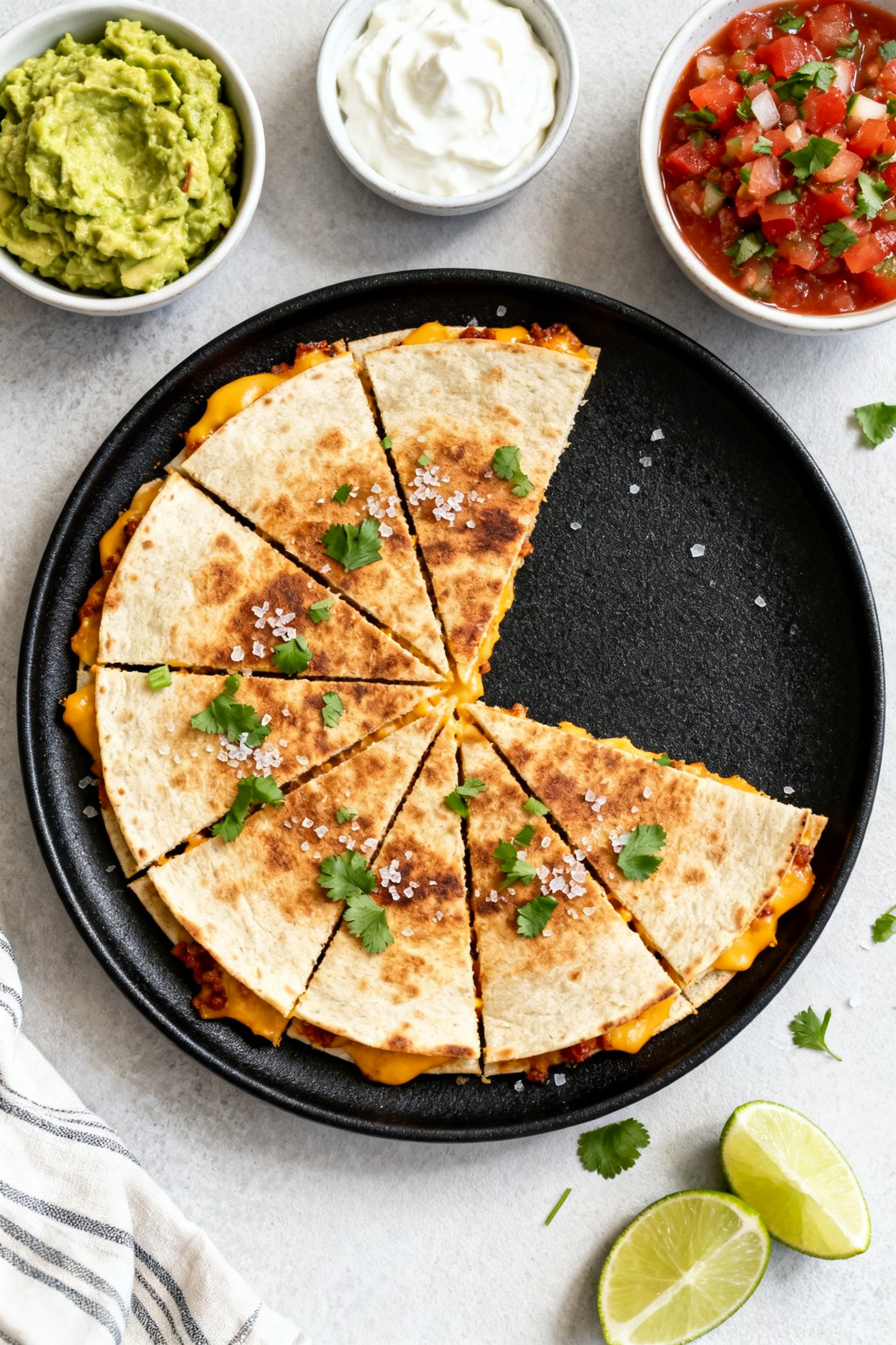Final dish presentation: Restaurant-quality plated air fryer quesadilla, sliced into neat wedges and