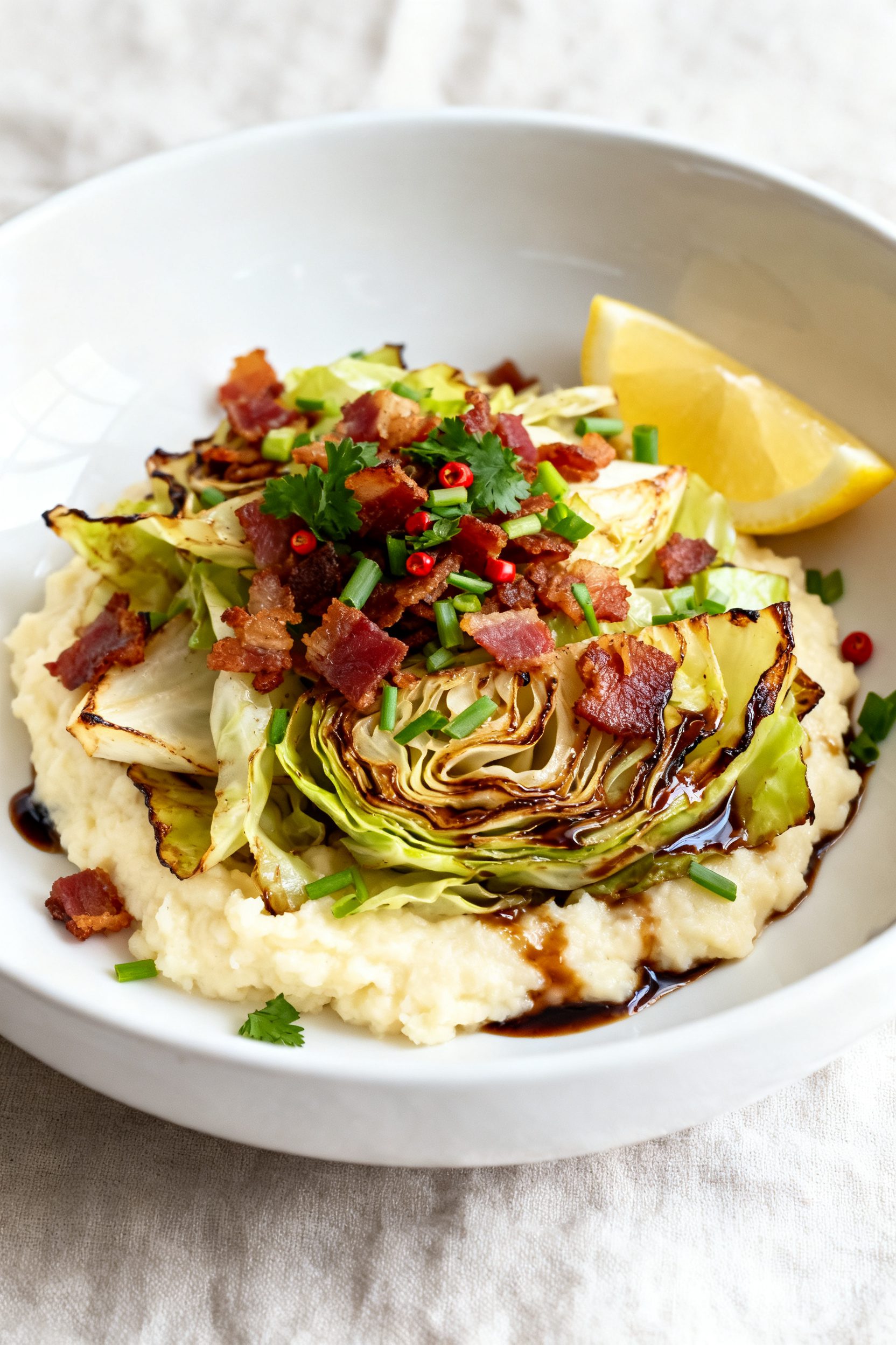Final dish presentation: Restaurant-quality plated Air Fryer Cabbage with Bacon in a wide shallow wh