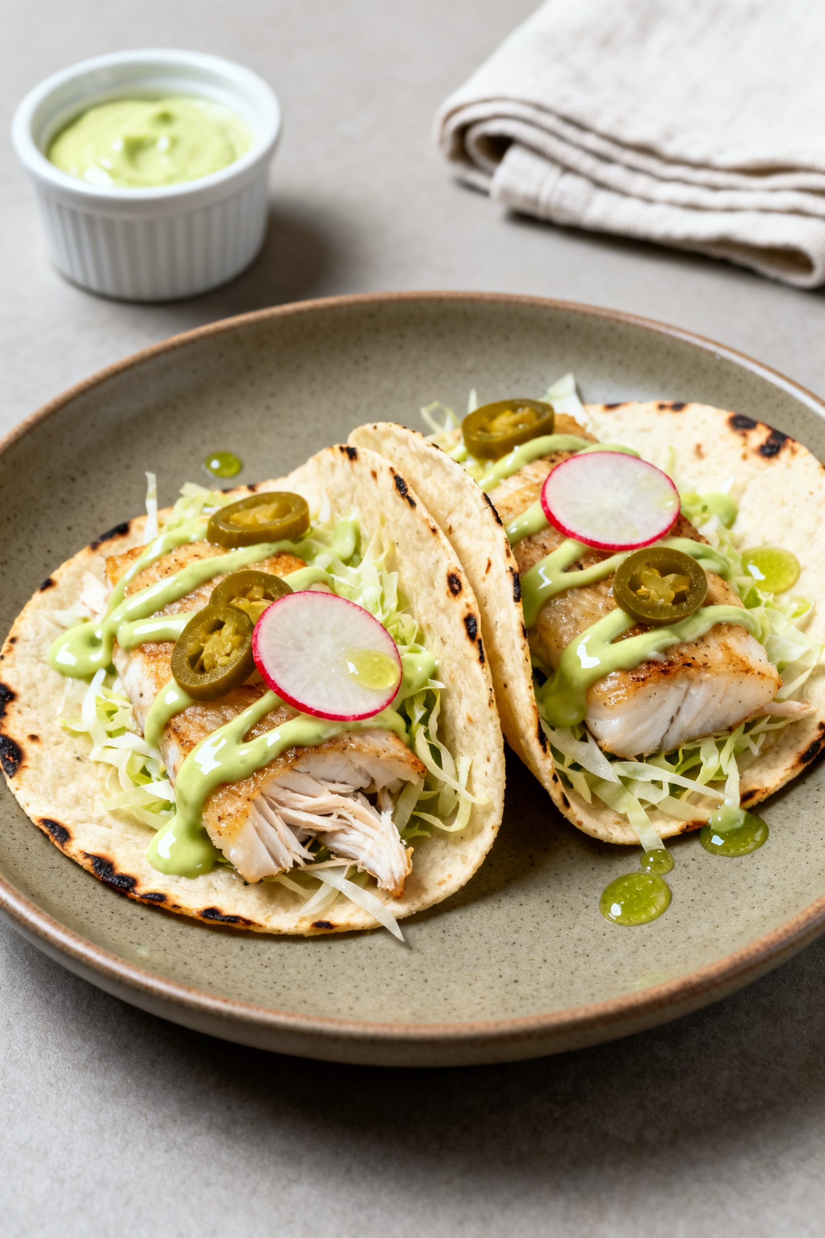 Final dish presentation: Restaurant-quality plated tilapia tacos—two tacos nestled on a matte cera