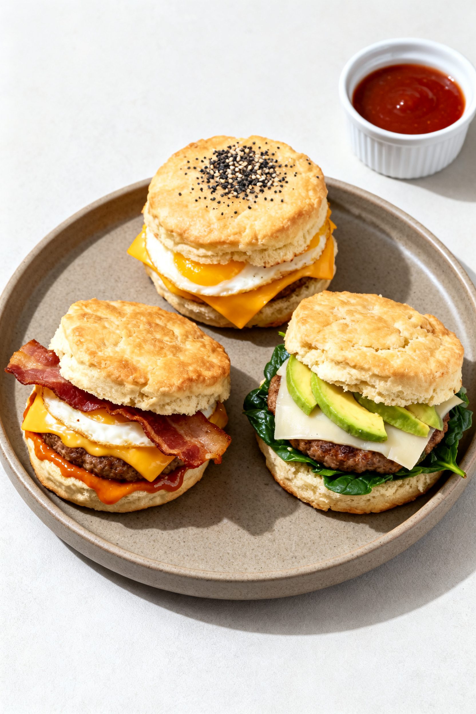 Final dish presentation: Restaurant-quality plated Air Fryer Biscuit Sandwich trio on a matte cerami