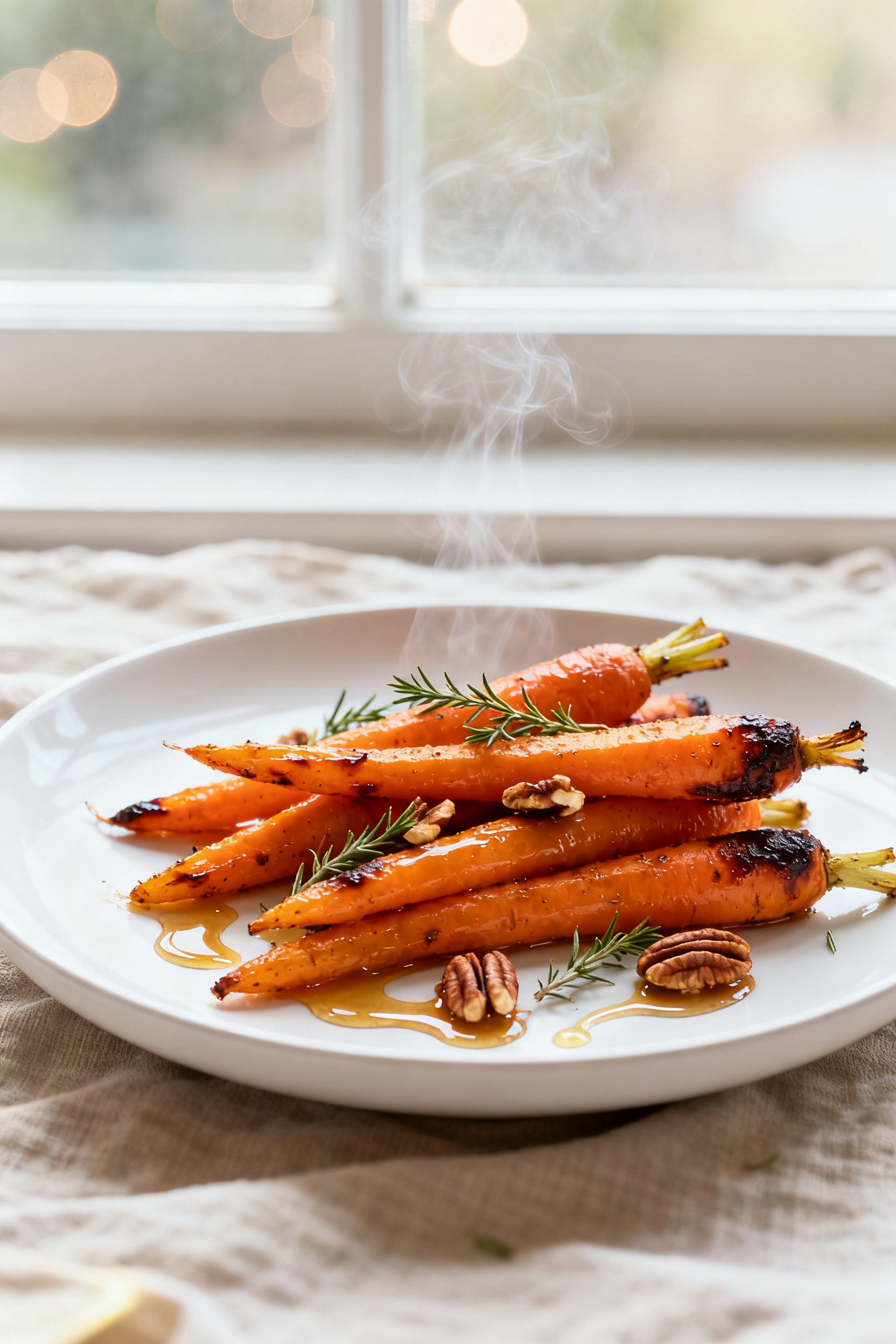 Final dish presentation: Restaurant-quality plated air fryer roasted carrots on a wide, shallow whit