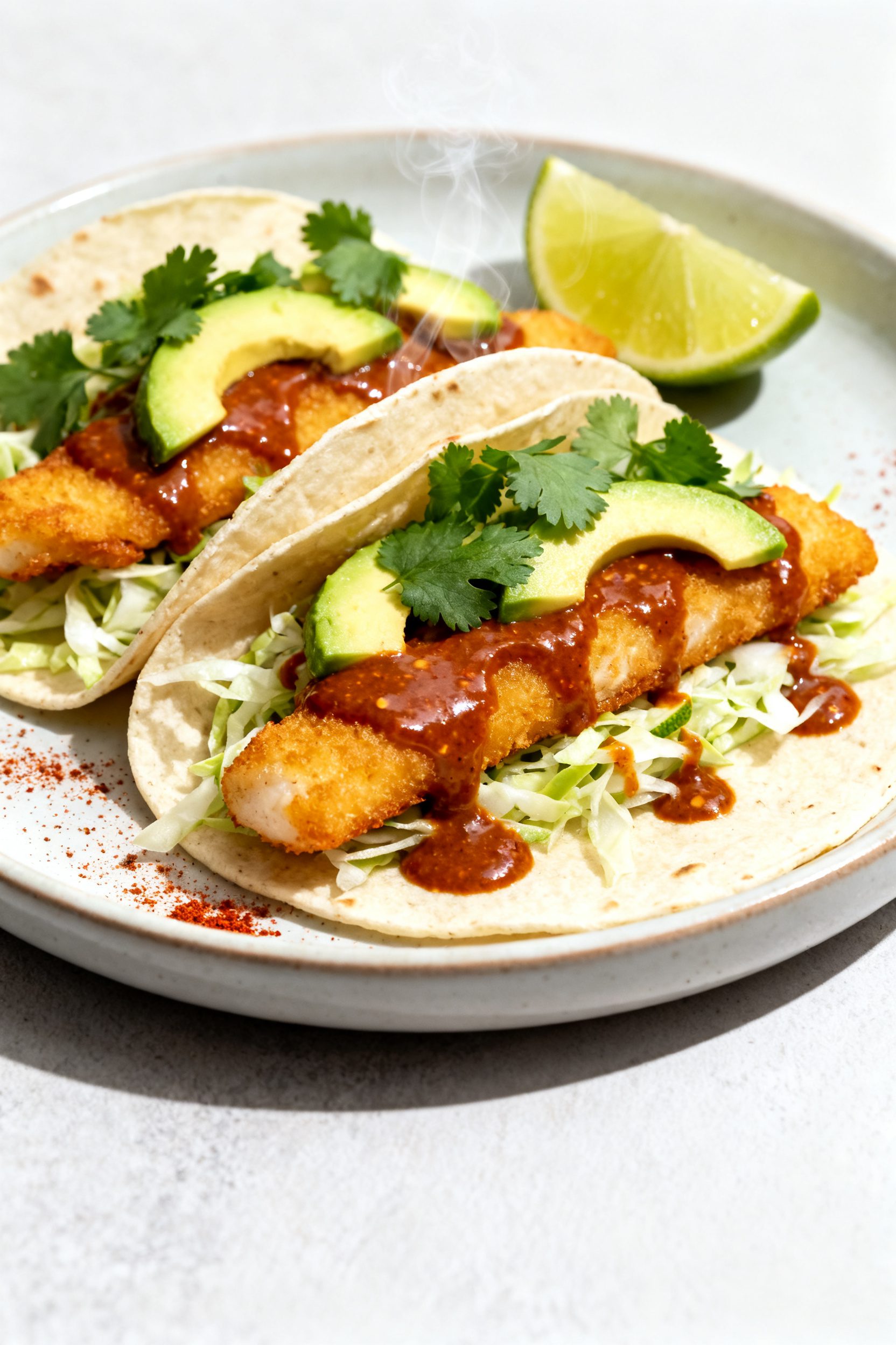 Final dish presentation: Restaurant-quality plated air fryer fish tacos—two to three tacos on a li