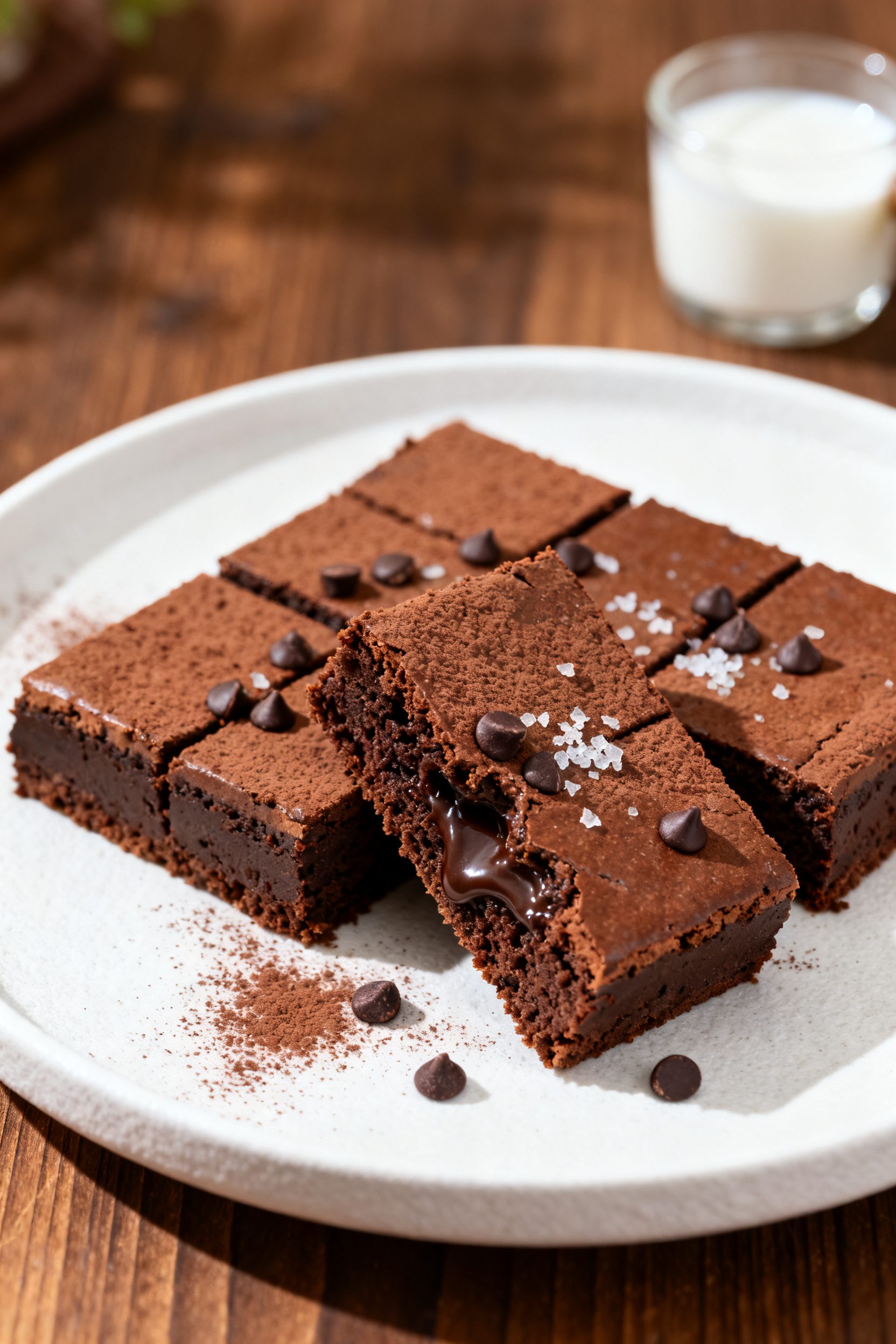 Final dish presentation: Restaurant-quality plated brownies cut into neat squares with ultra-fudgy i