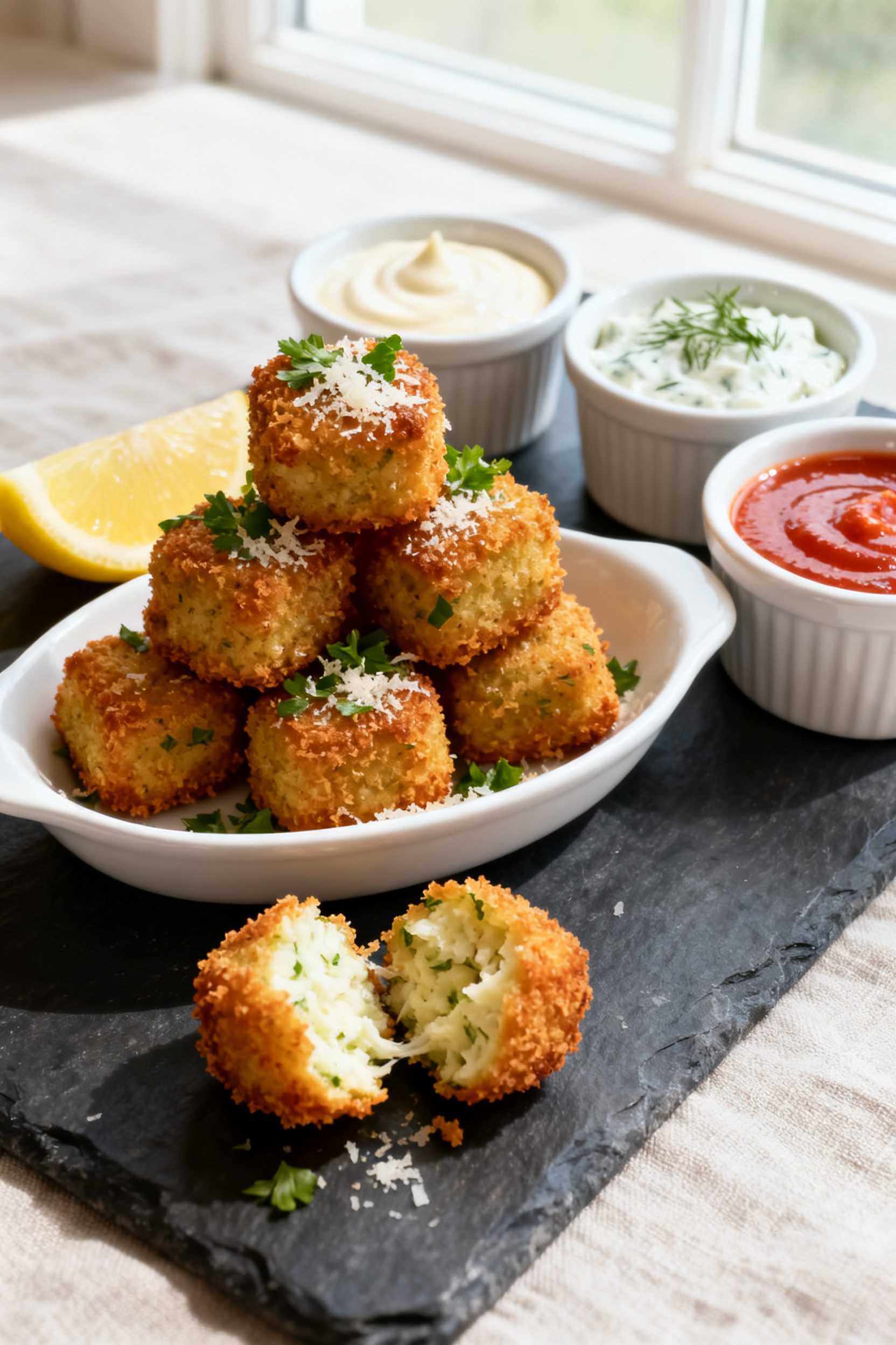 Final dish presentation: Restaurant-quality plating of cauliflower tots stacked in a small white ova