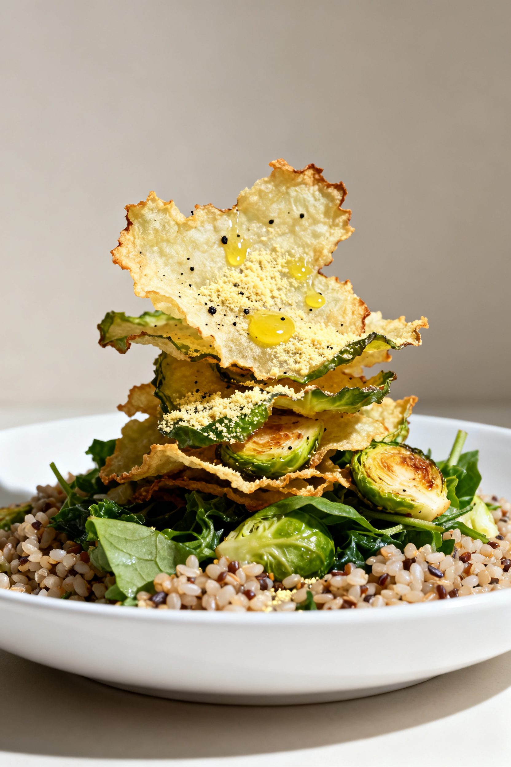Final dish presentation: Restaurant-quality plating of Brussels sprout chips as a salad topper on a 
