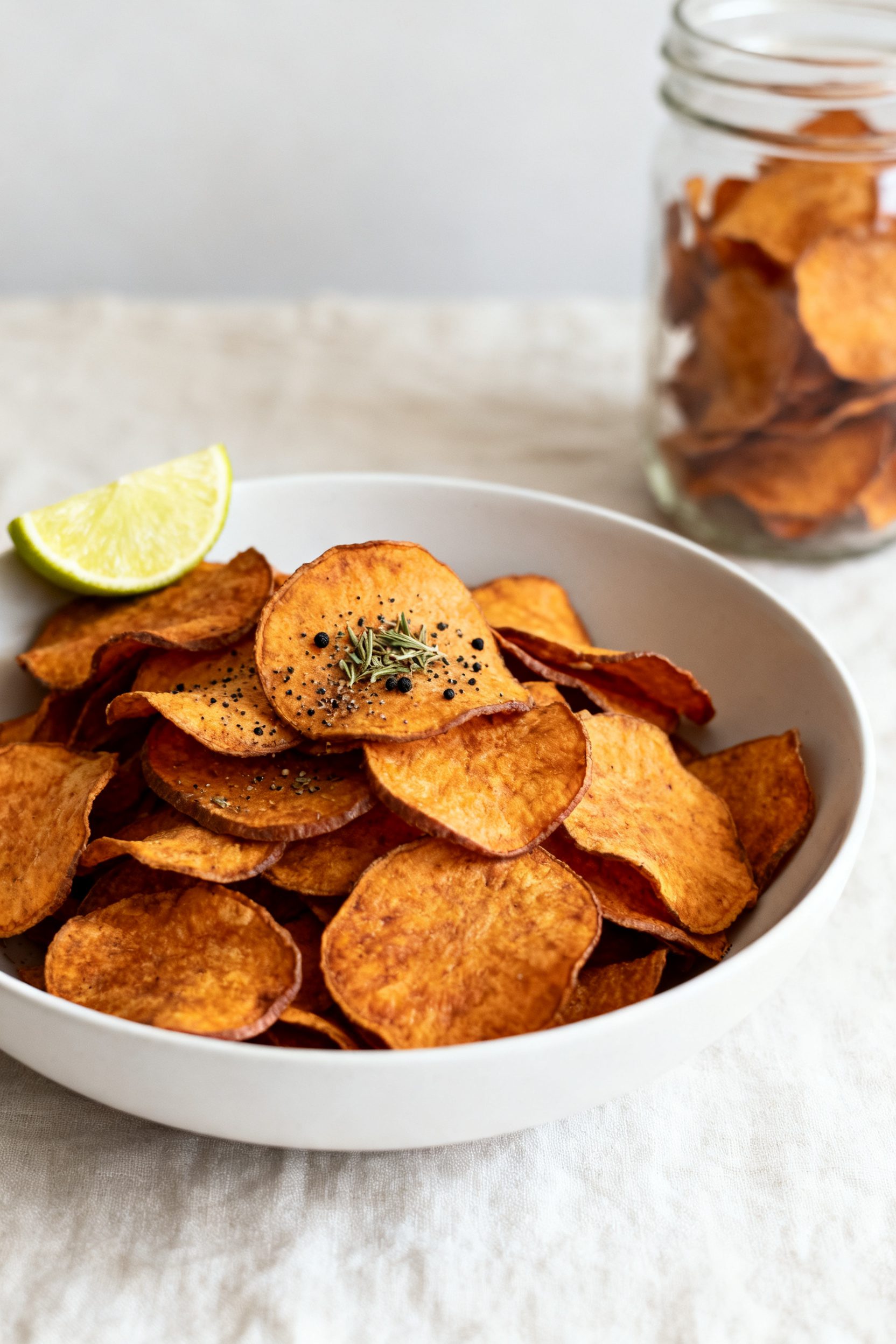 Final dish presentation: Restaurant-quality plating of sweet potato chips in a low, wide white bowl,