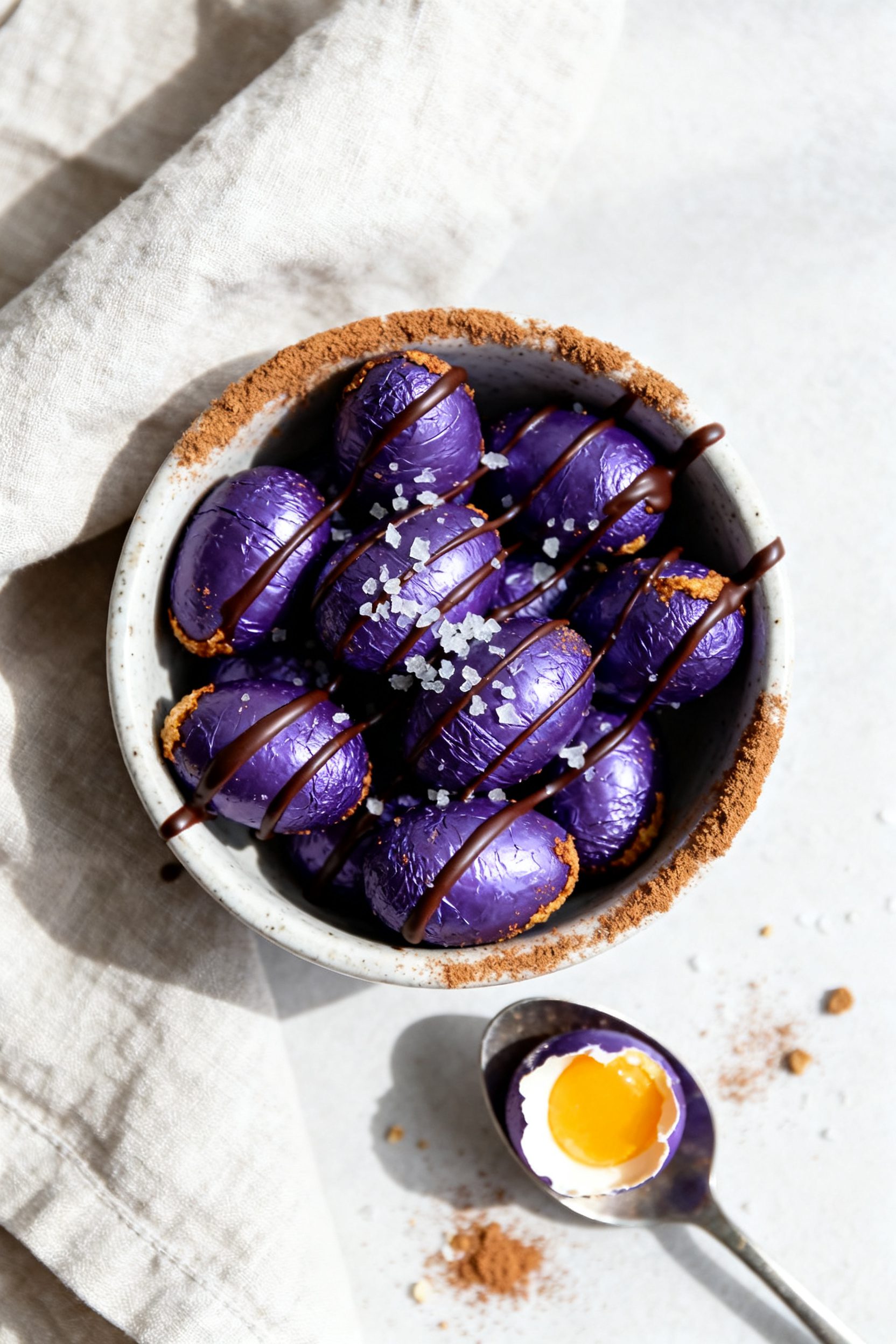 Final dish presentation: Restaurant-quality plating of mini unwrapped Cadbury Eggs air-fried until g