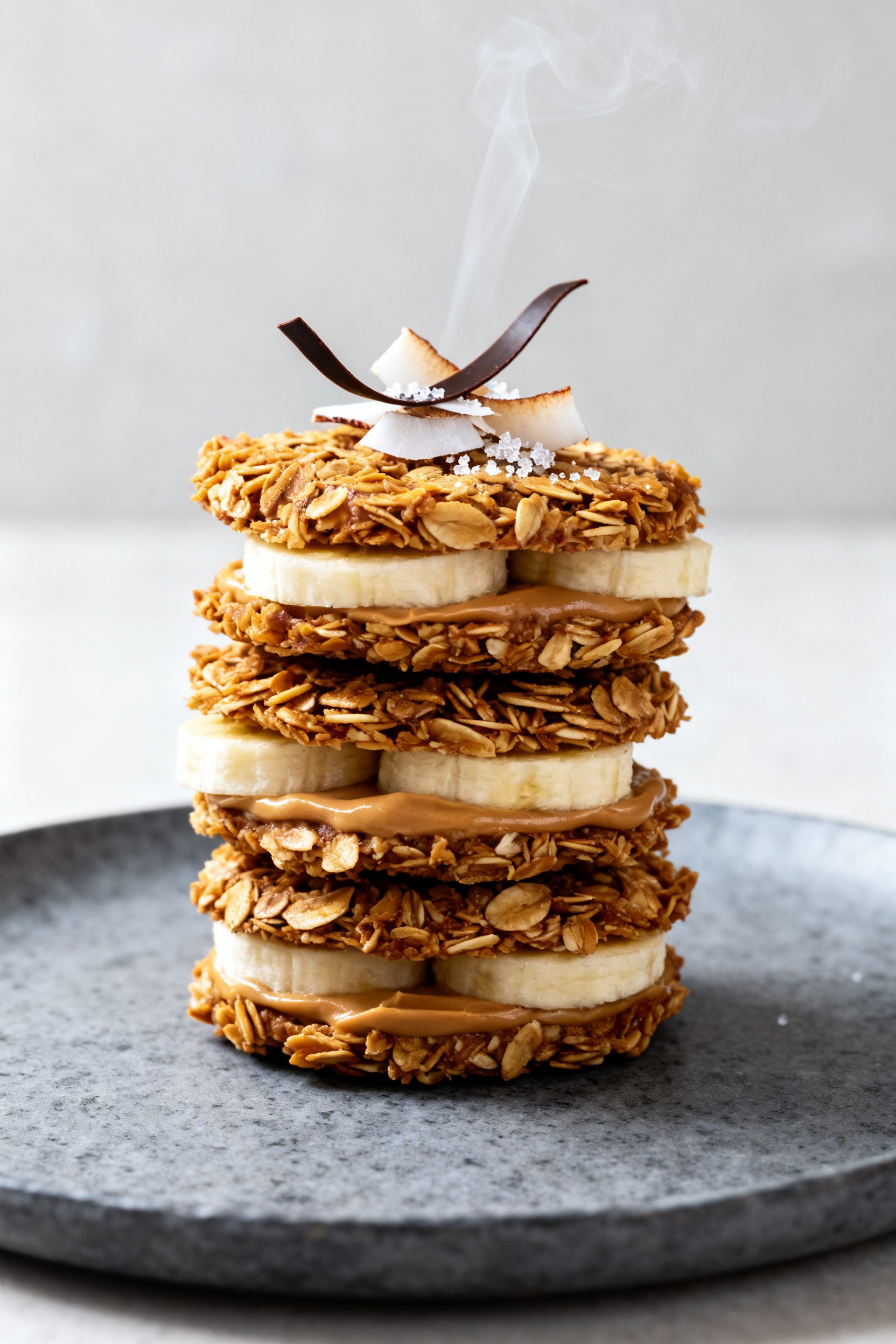 Final dish presentation: Restaurant-quality plating of stacked banana–peanut butter “mini sandwi