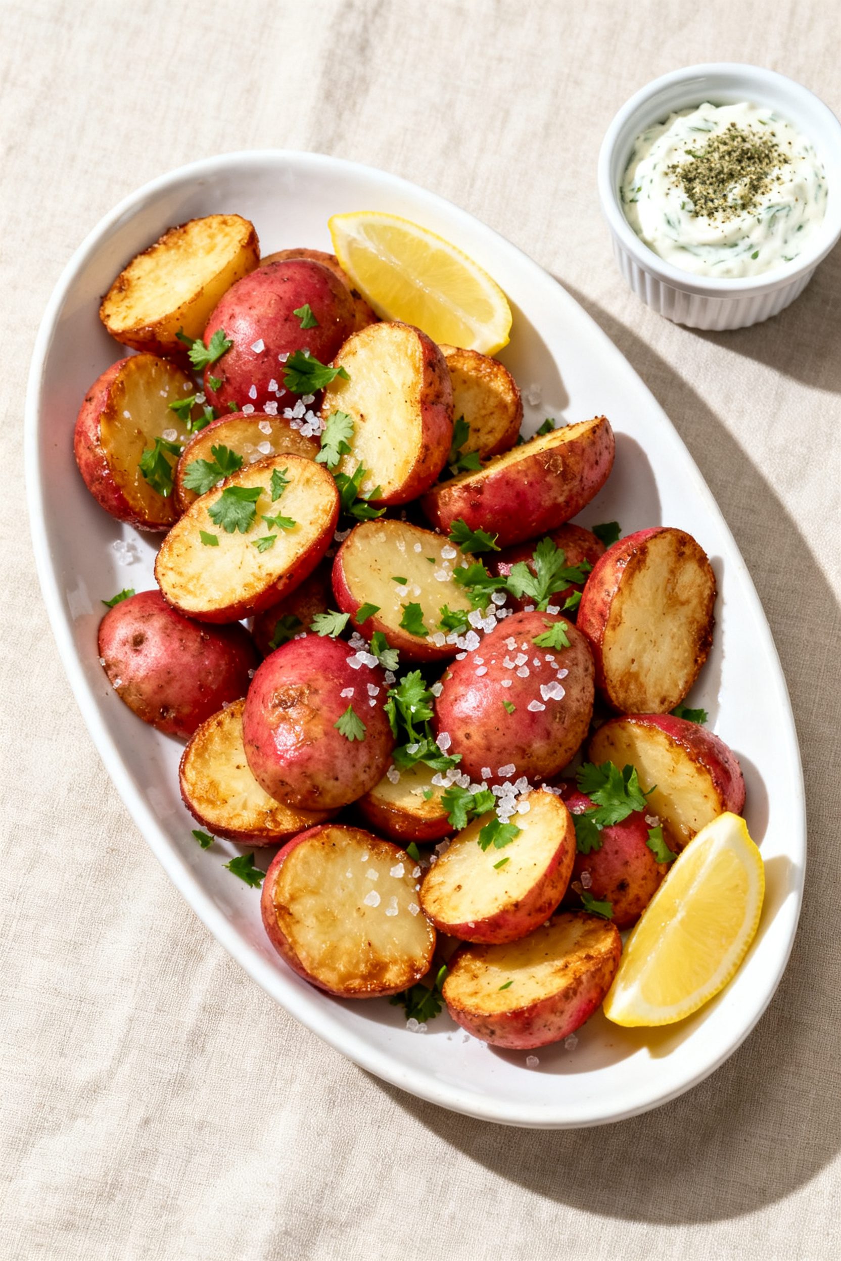 Final dish presentation: Restaurant-quality plating of crispy air-fried red potatoes on a white cera