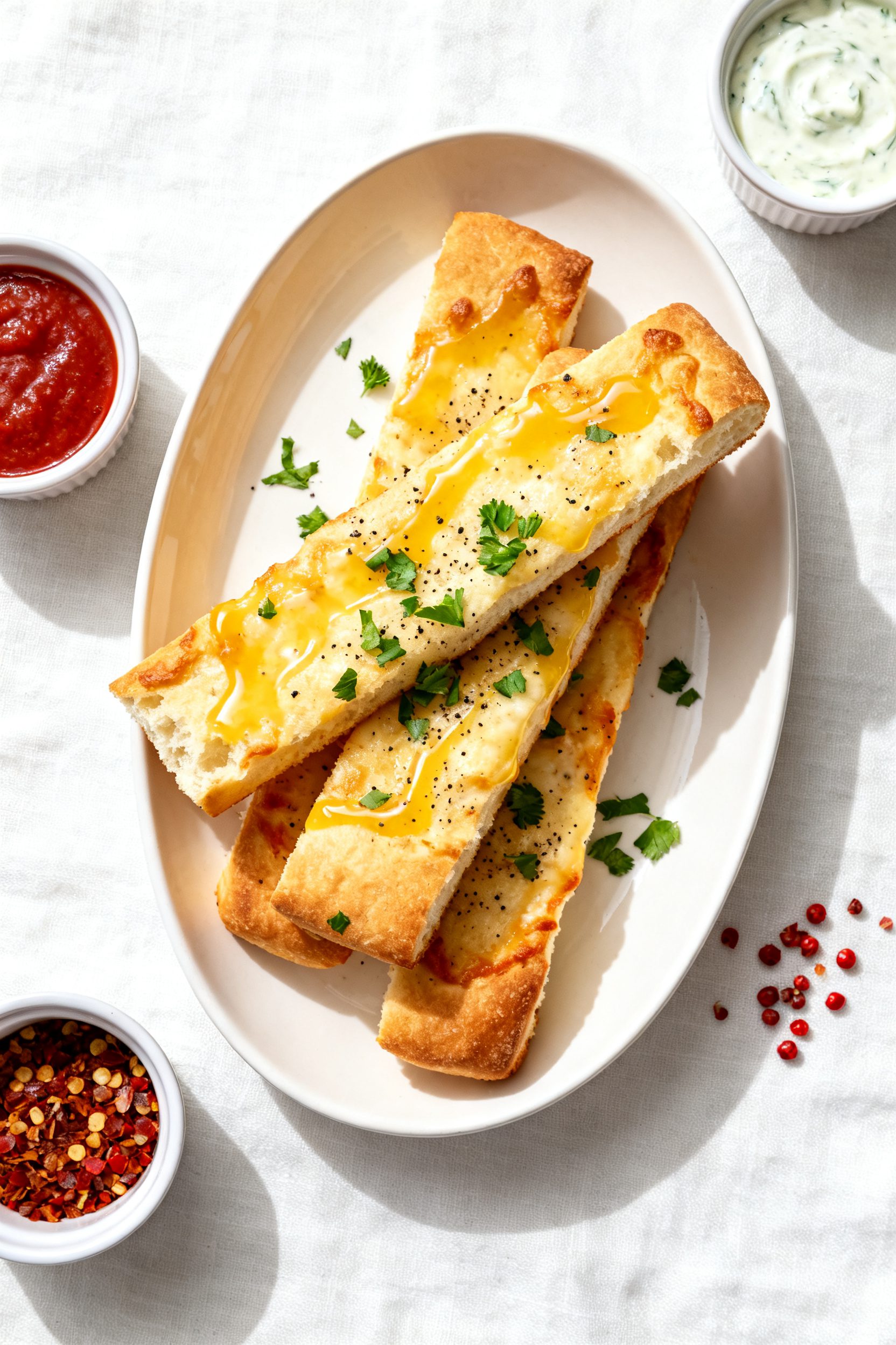 Final dish presentation: Restaurant-quality plating of air fryer cheese bread sticks stacked on a wa