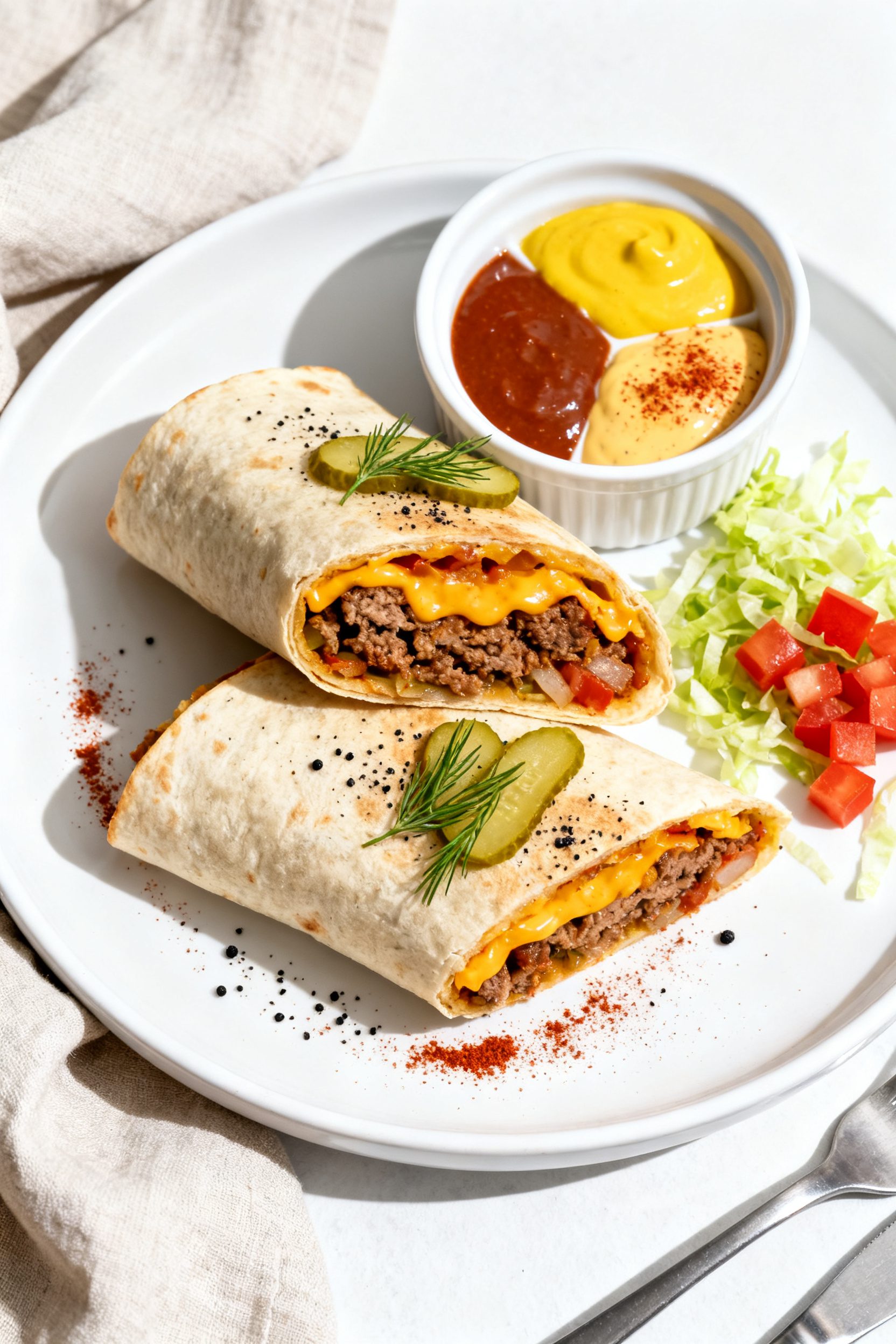Final dish presentation: Restaurant-quality plating of two air fryer cheeseburger wrap halves stacke