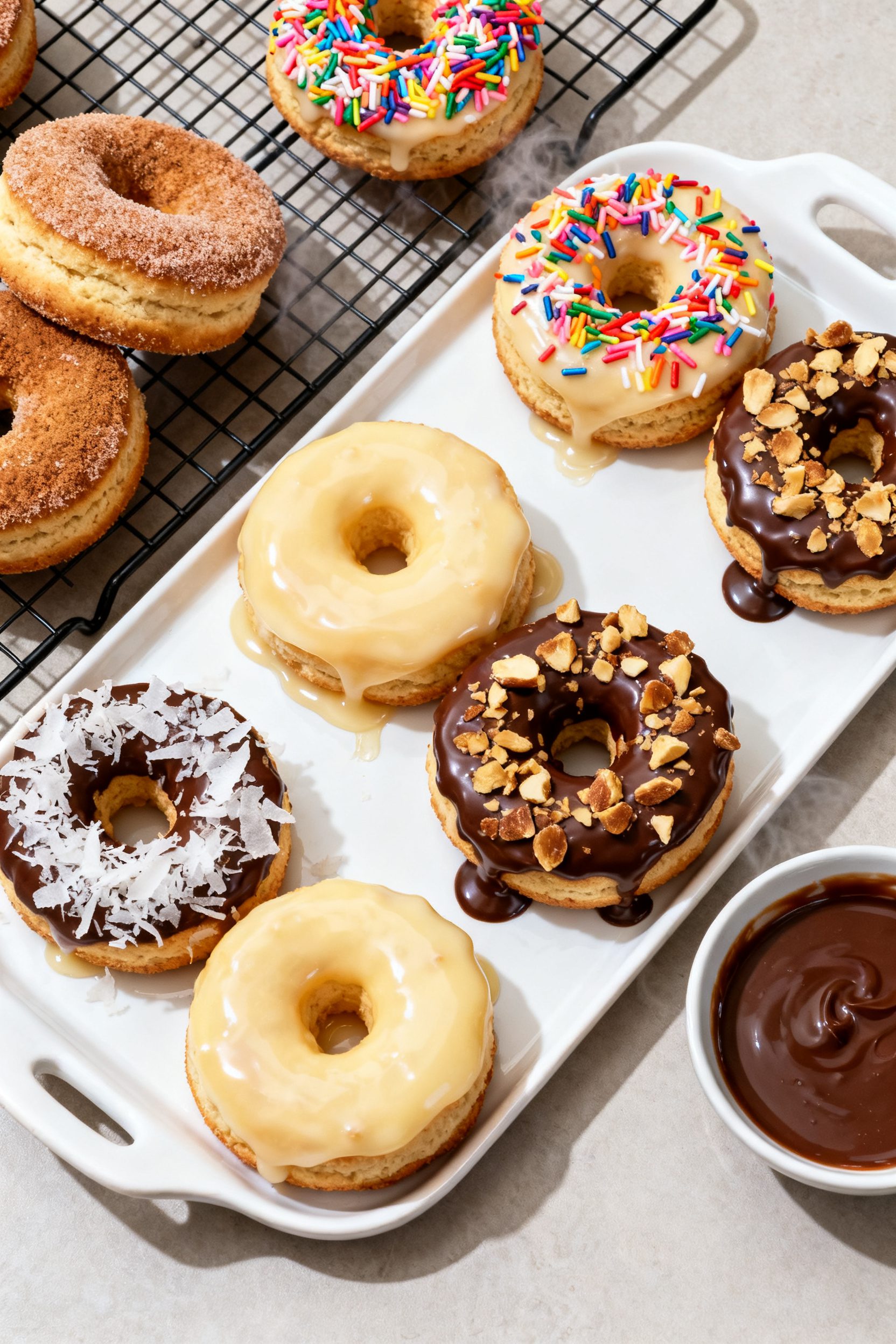 Final dish presentation: Restaurant-quality platter of assorted finished biscuit donuts—some doubl