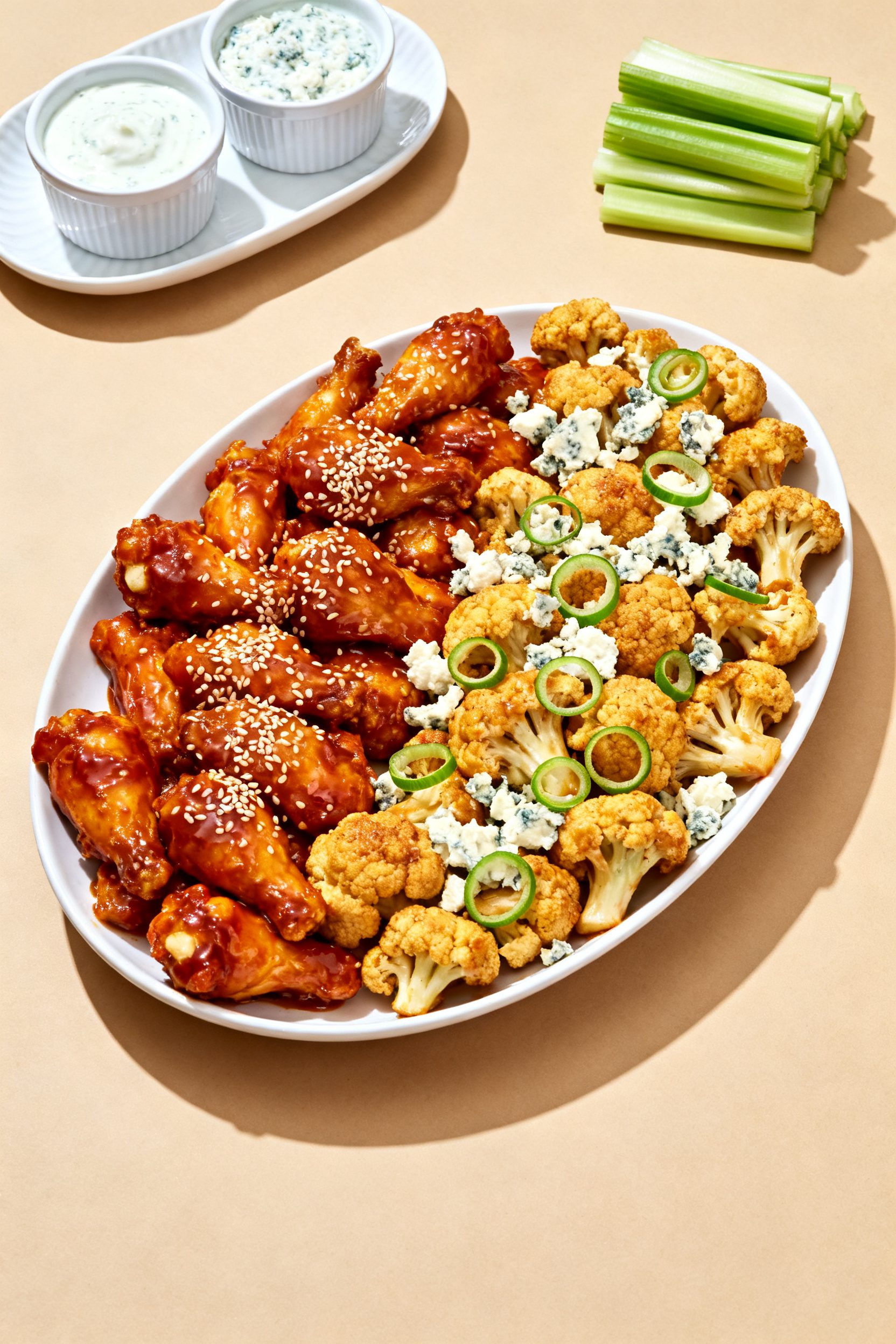 Final dish presentation: Restaurant-quality platter of mixed-sauce cauliflower wings (half buffalo, 