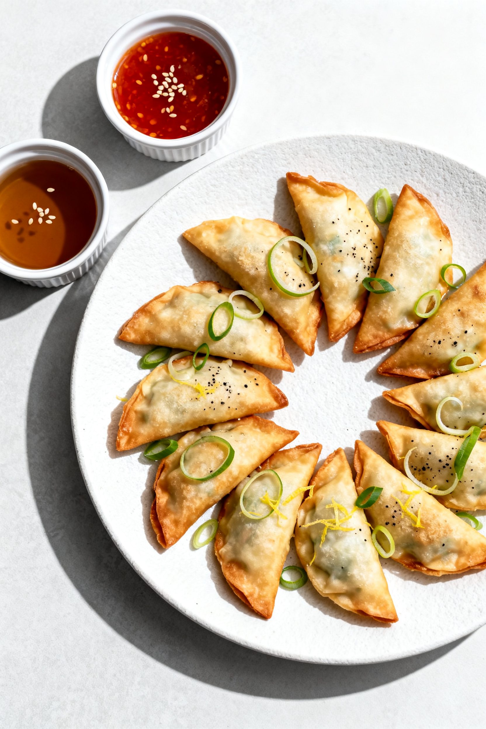Final dish presentation: Restaurant-quality platter of air fryer crab cream cheese wontons arranged