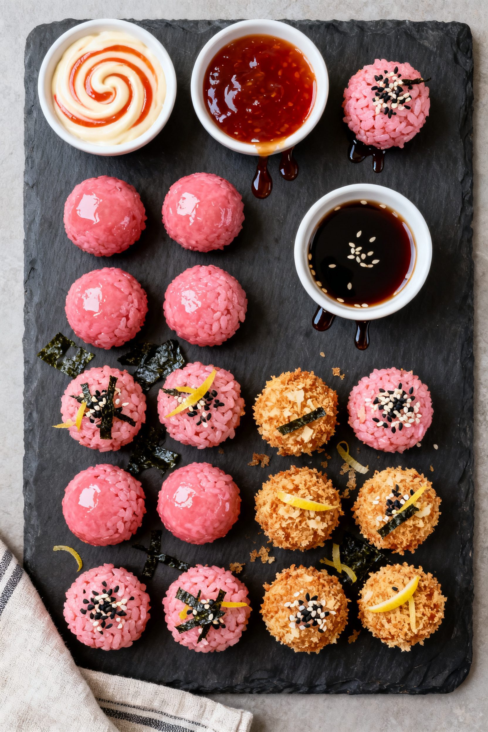 Final dish presentation: Restaurant-quality platter of assorted Air Fryer Pink Rice Balls arranged o