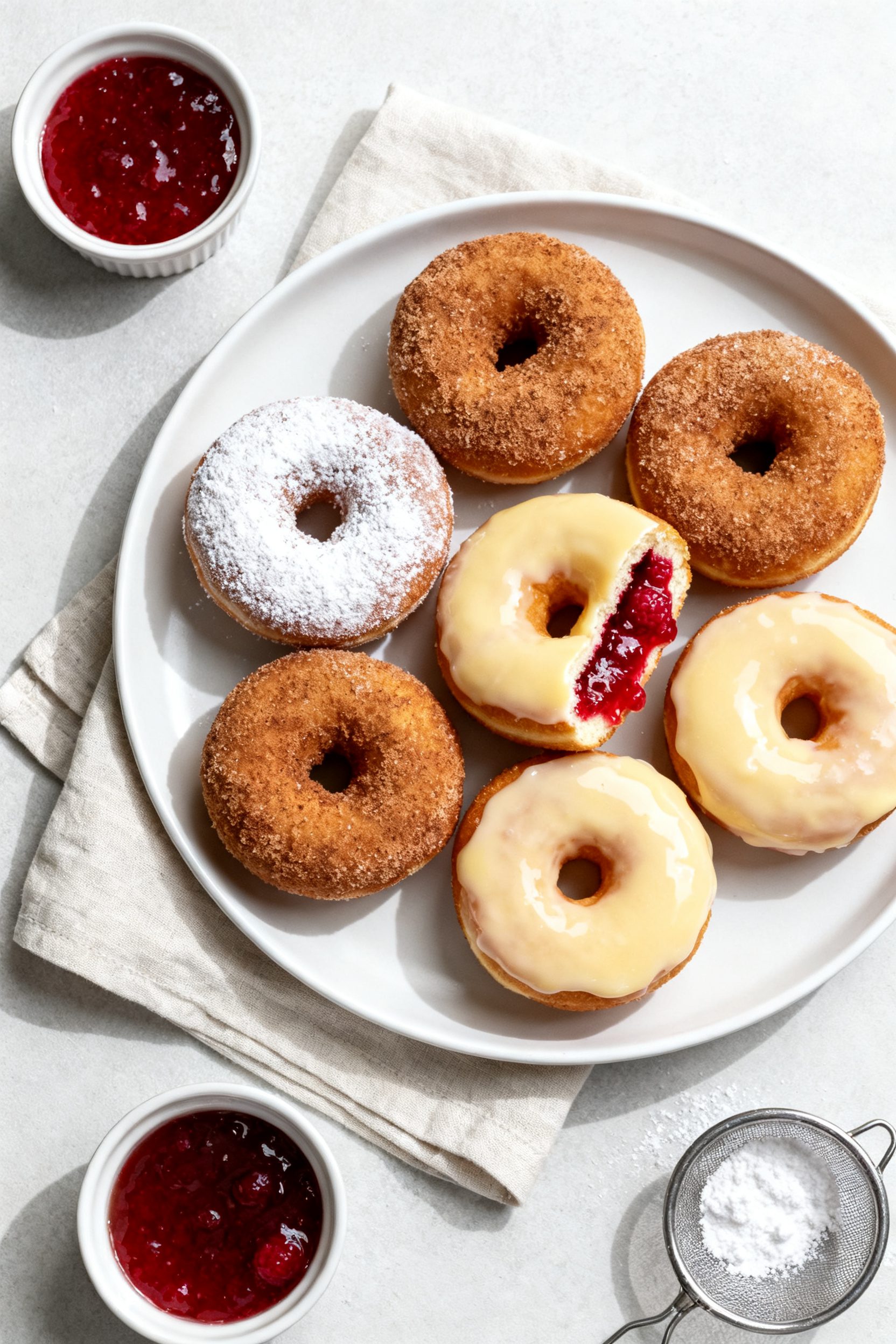 Final dish presentation: Restaurant-quality platter of mixed-finish donuts—some fully coated in ci
