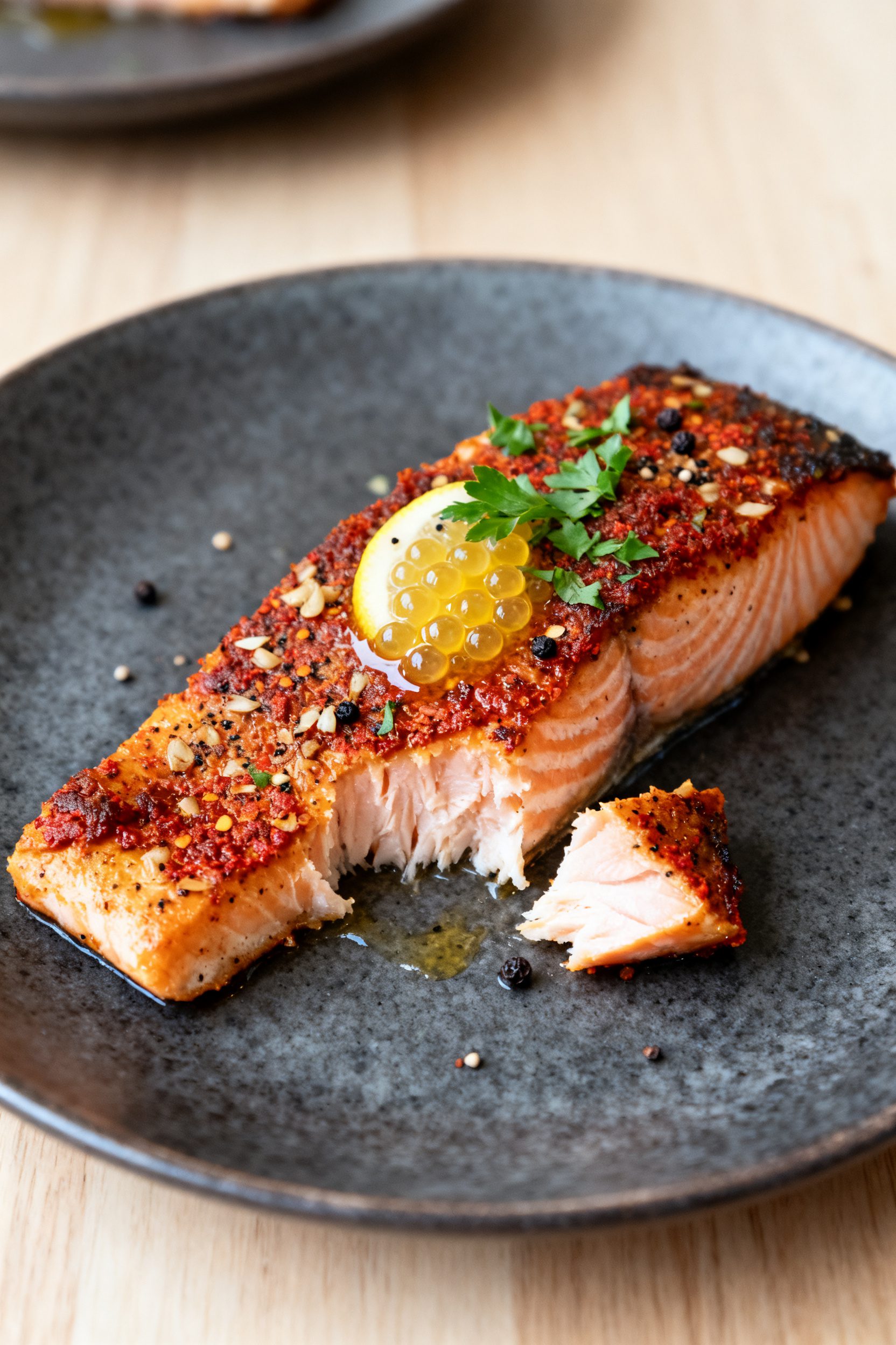 Final dish presentation: Restaurant-quality single plate of salmon version with herb-forward variati