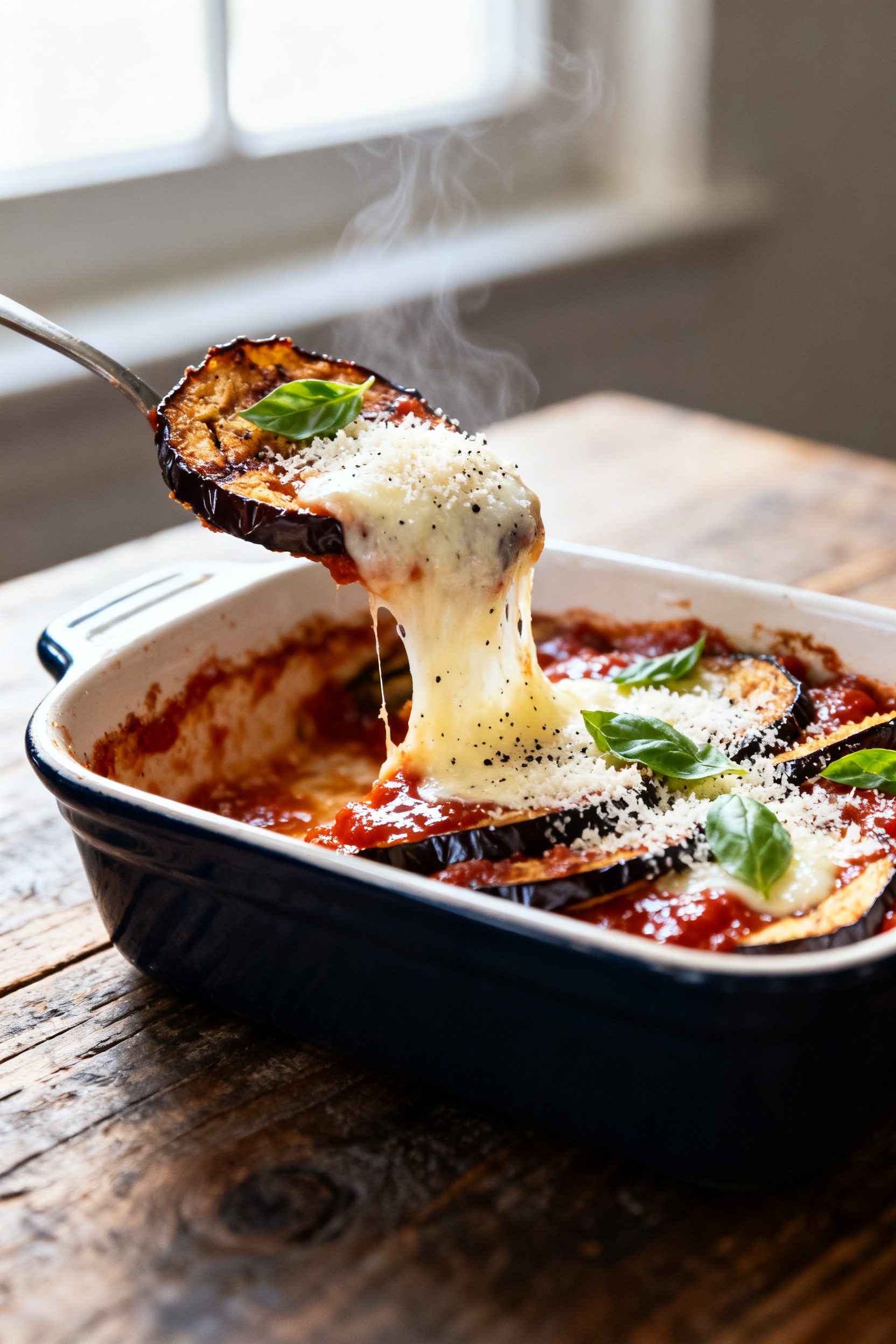 Final dish presentation: Restaurant-style eggplant parm shortcut—air-fried eggplant slices layered