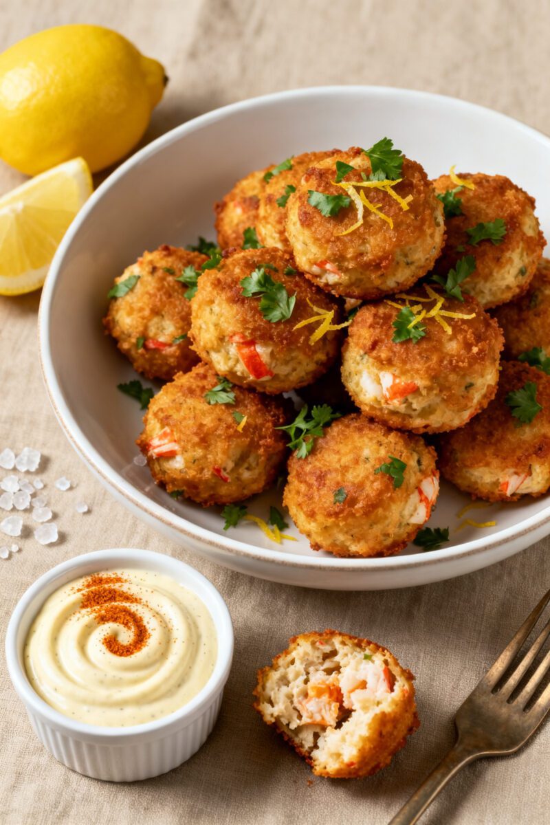 Final dish presentation: Restaurant-style plate of air fryer crab bites stacked in a shallow white r