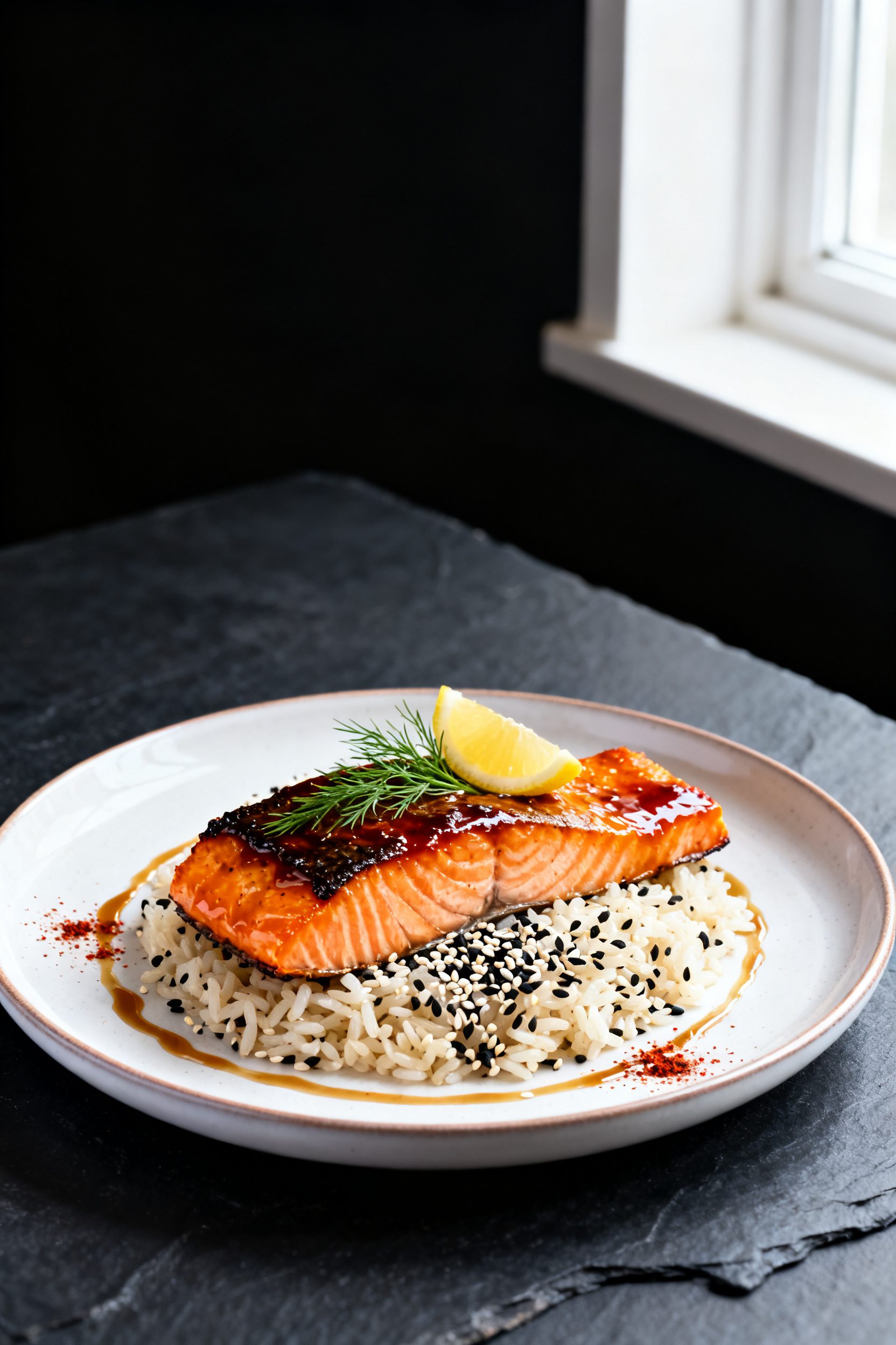 Final dish presentation: Restaurant-style plate of Miso-Honey Glazed air fryer salmon, skin still vi