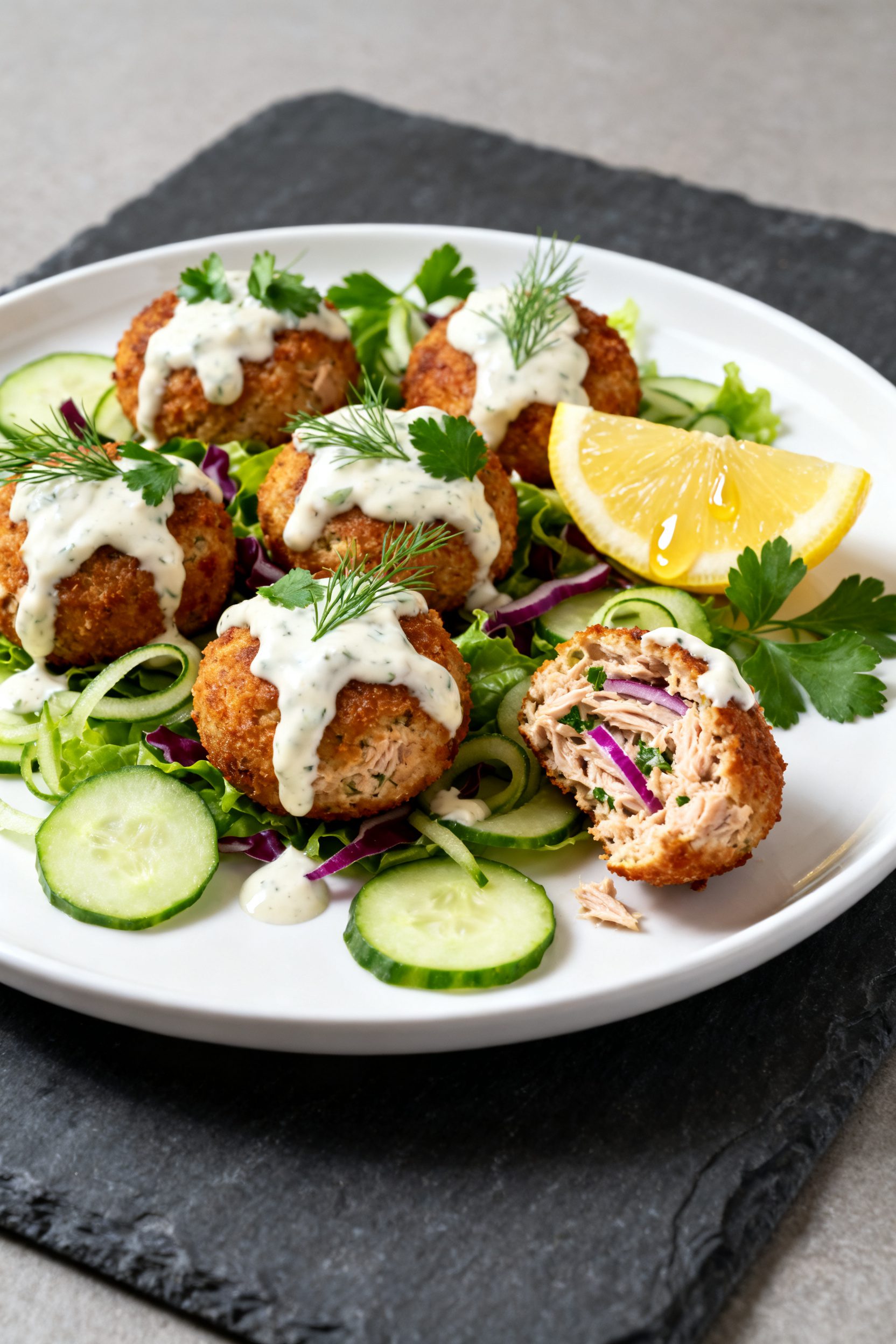 Final dish presentation: Restaurant-style plate of Air Fryer Tuna Bites over a bed of mixed greens a