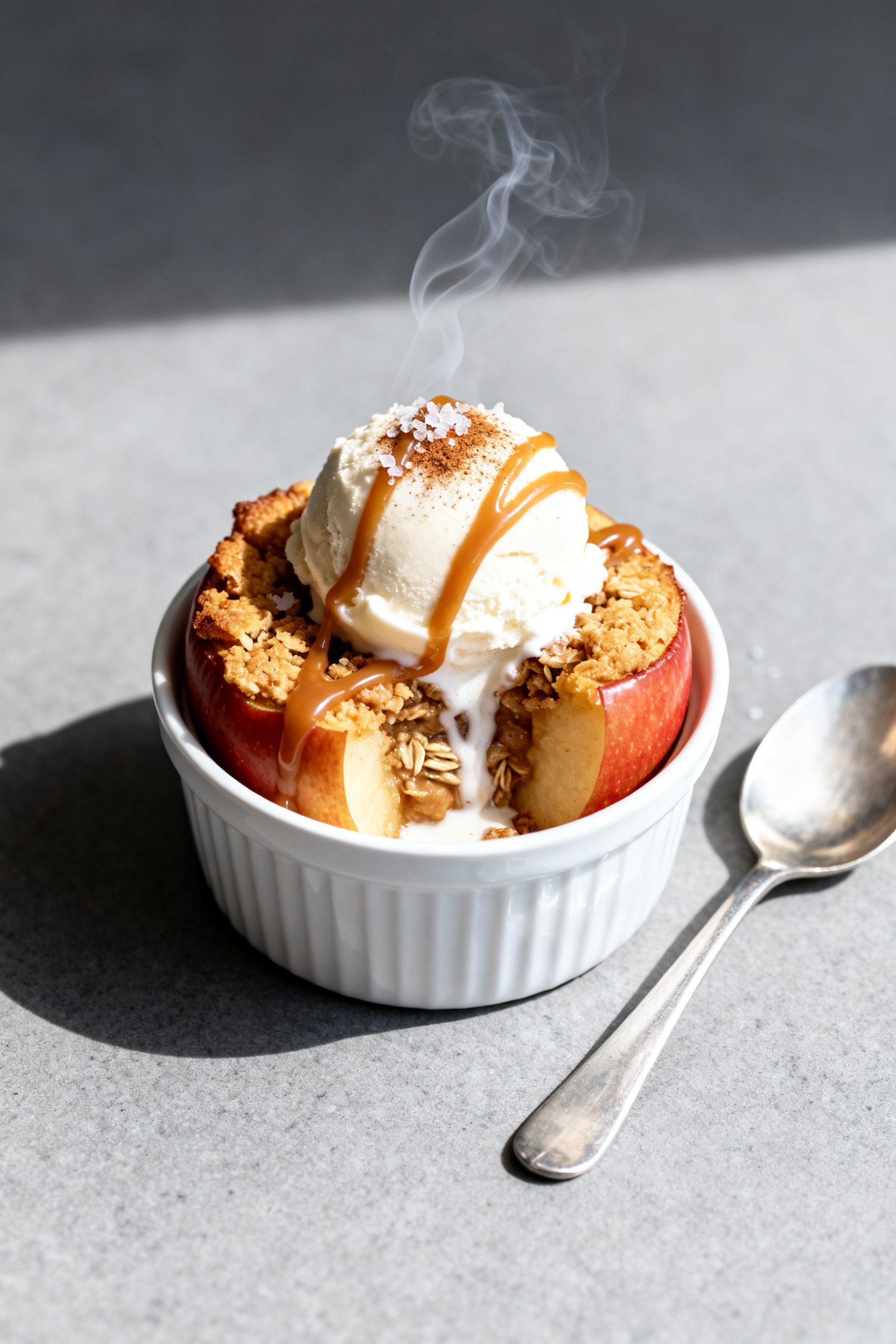 Final dish presentation: Single baked apple plated in a small white ramekin, topped with a generous