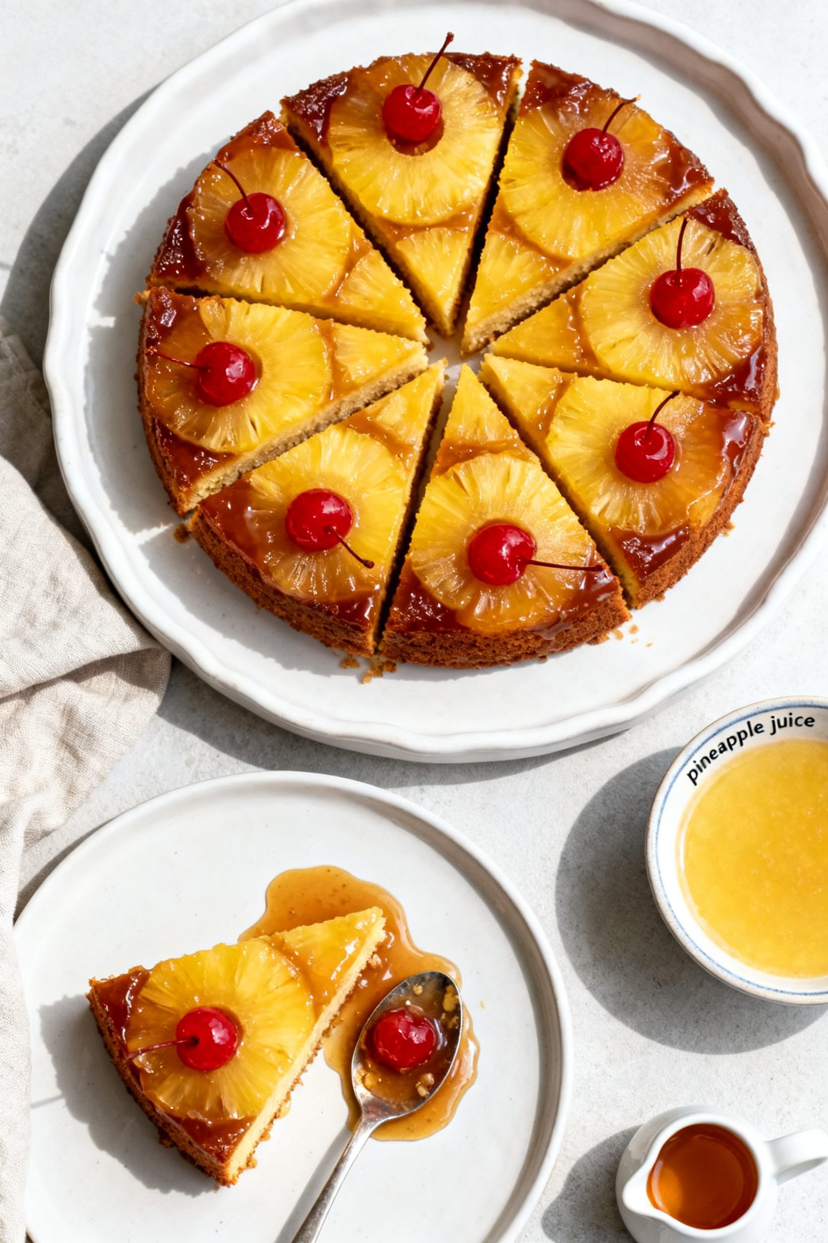 Final dish presentation: Tasty top-view of a 6–7 inch pineapple upside down cake sliced into neat