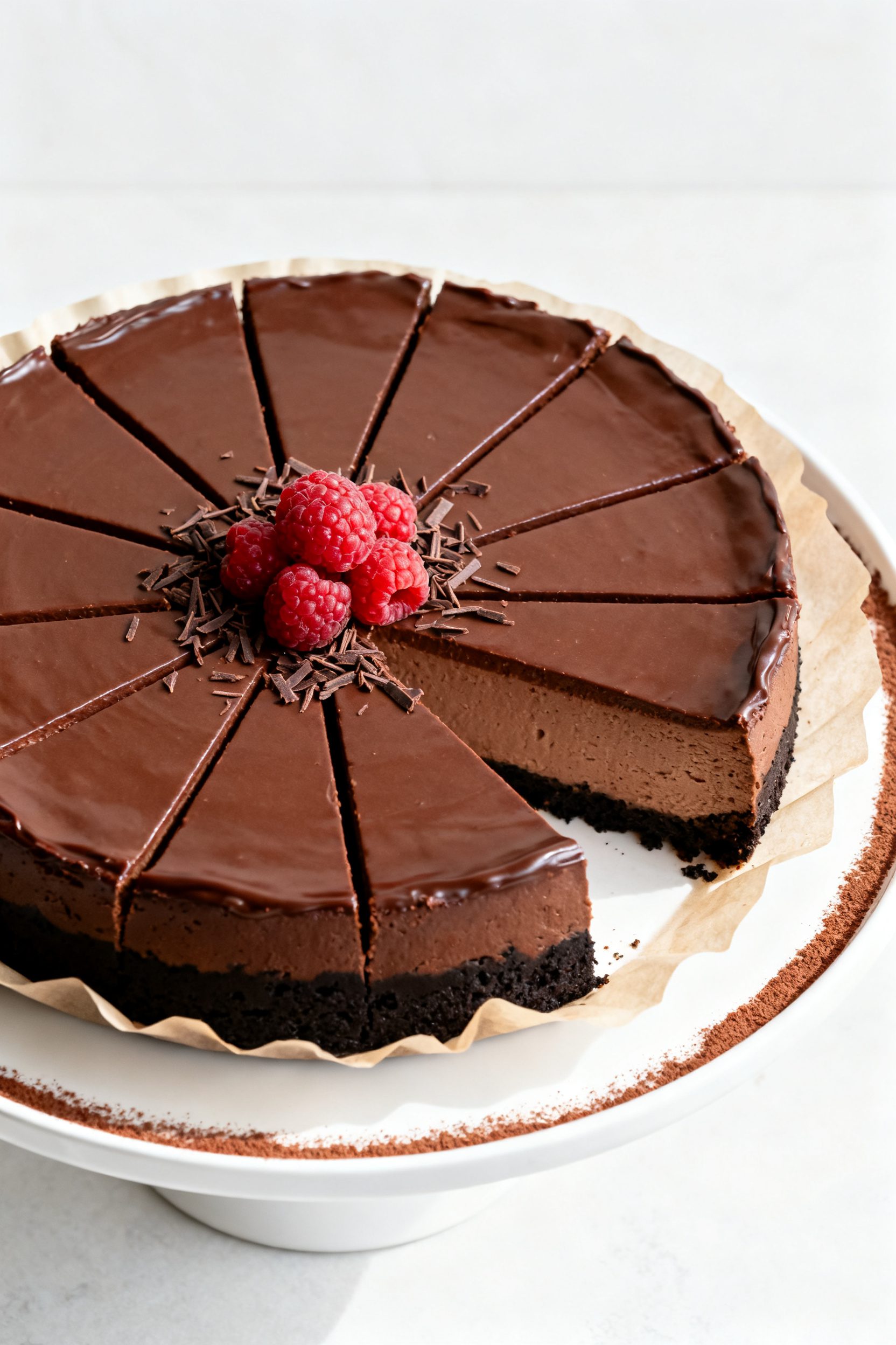 Final dish presentation: Tasty top view of a fully chilled chocolate cheesecake finished with a smoo