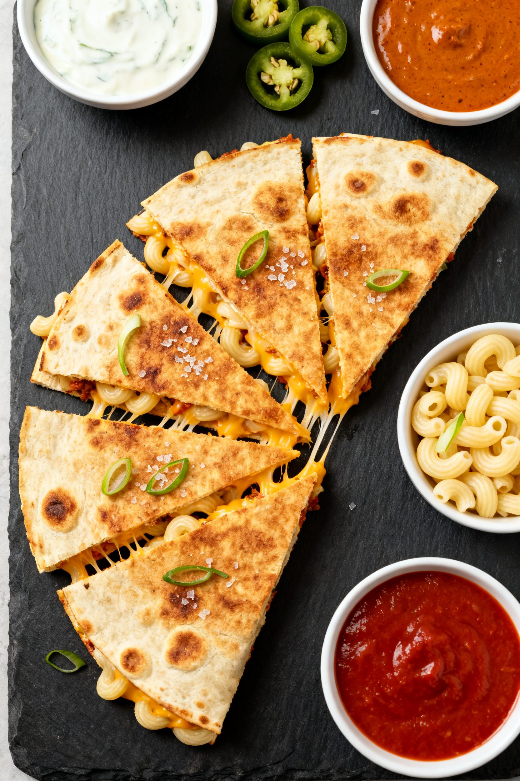 Final dish presentation: Tasty top view of sliced quesadilla wedges arranged in a fan on a dark slat