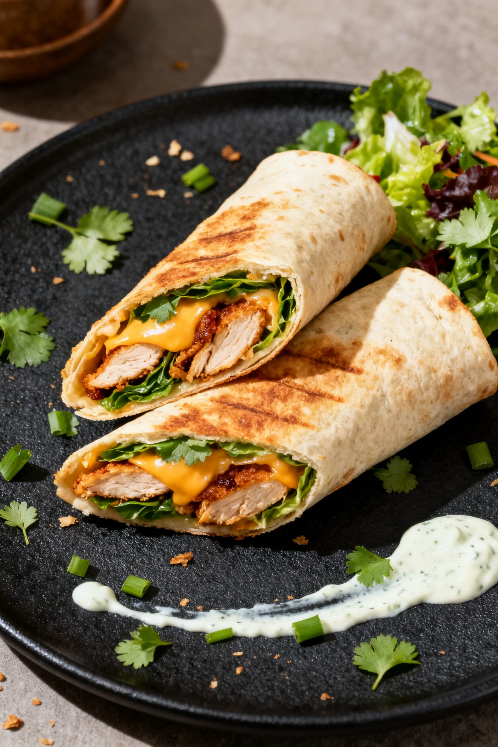 Final dish presentation: Two air-fried chicken wraps rolled and lightly crisped seam-side down, slic