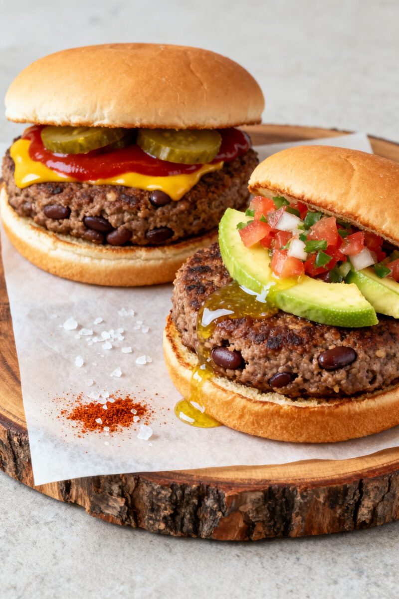 Final dish presentation: Two black bean burgers plated for serving—one classic with ketchup, musta