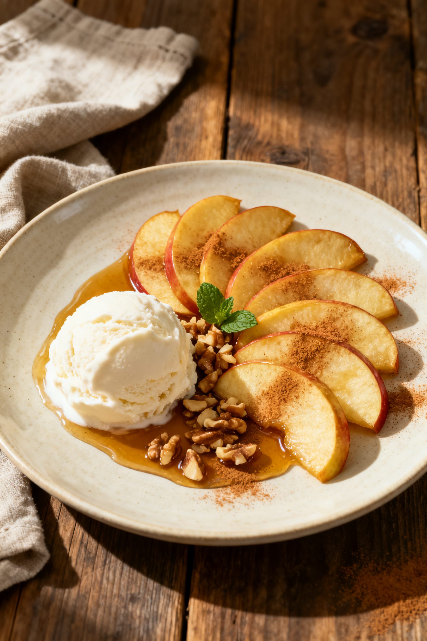 Final dish presentation: Warm air fryer apple slices fanned on a small ceramic dessert plate beside 