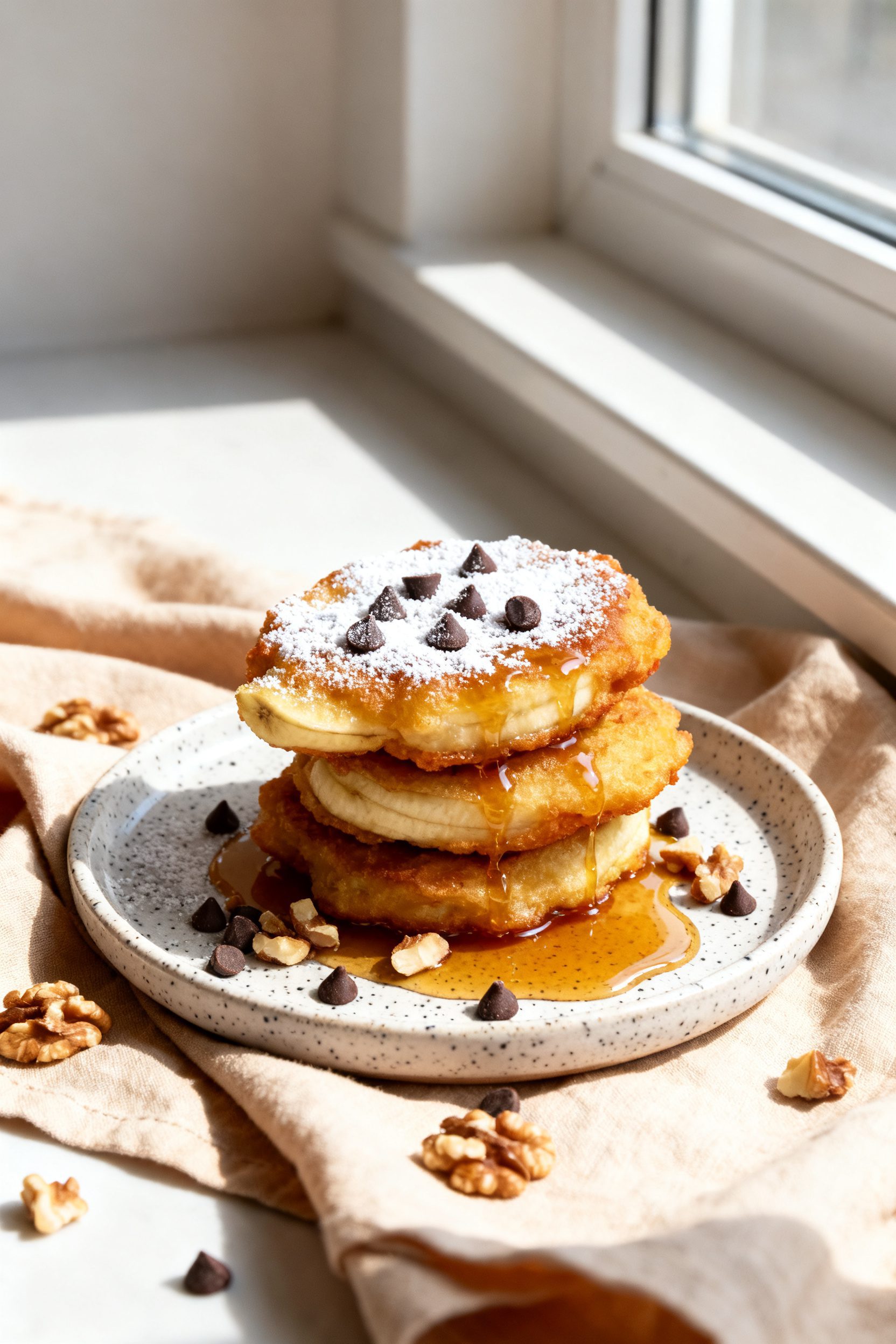 Final dish presentation: Warm banana fritters stacked on a small speckled ceramic plate, dusted with