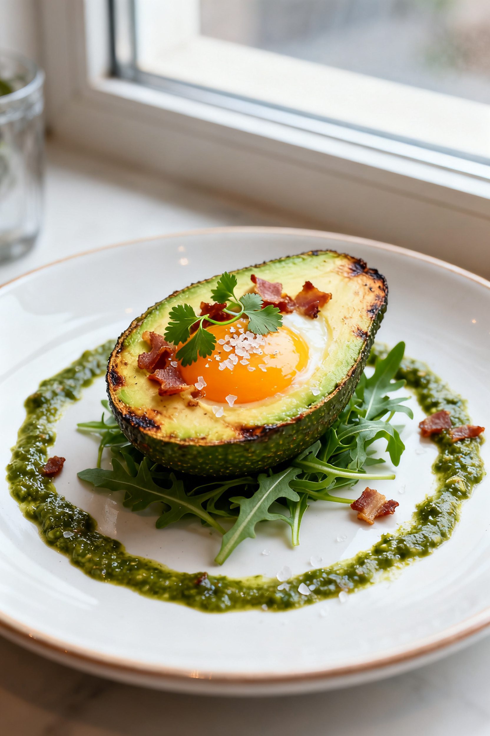 Final dish, restaurant-style plating: Single avocado half with a jammy yolk presented on a white rim