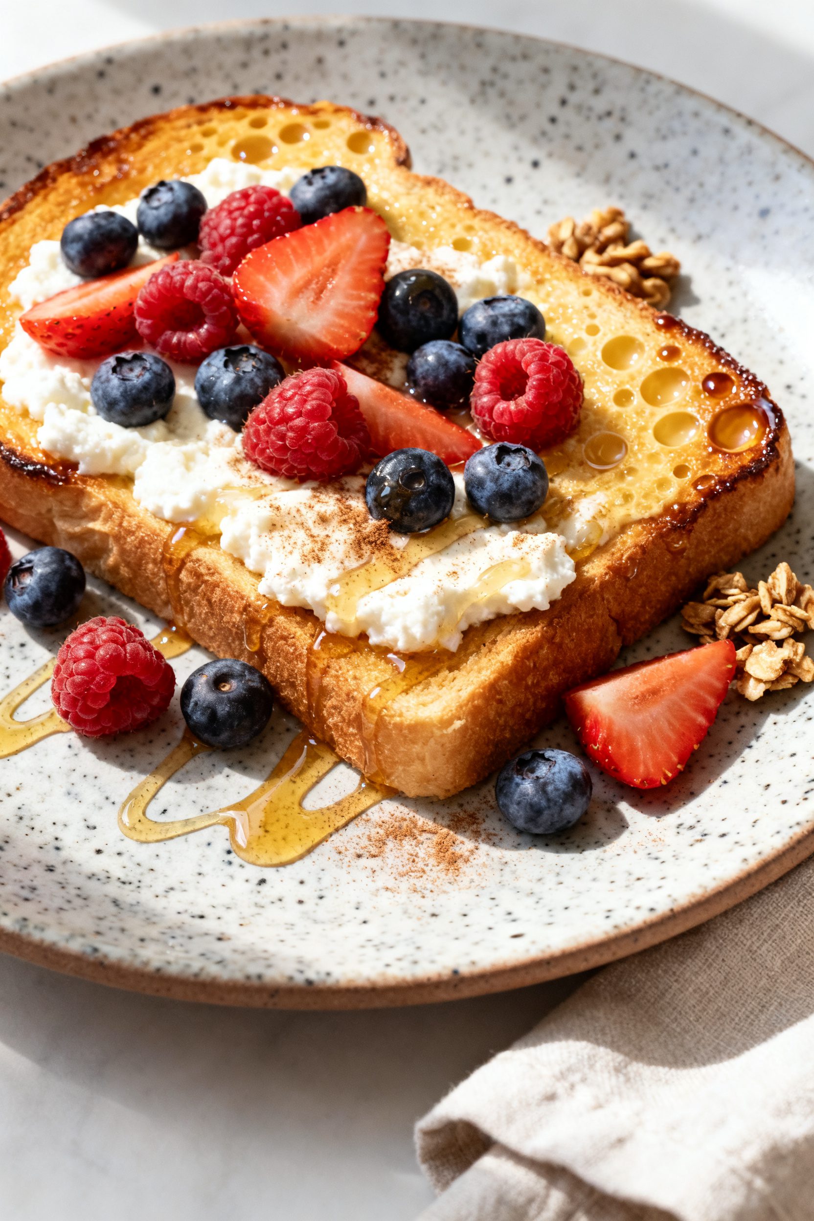 Final dish (sweet variation): Beautifully plated cinnamon cottage cheese toast on a speckled stonewa