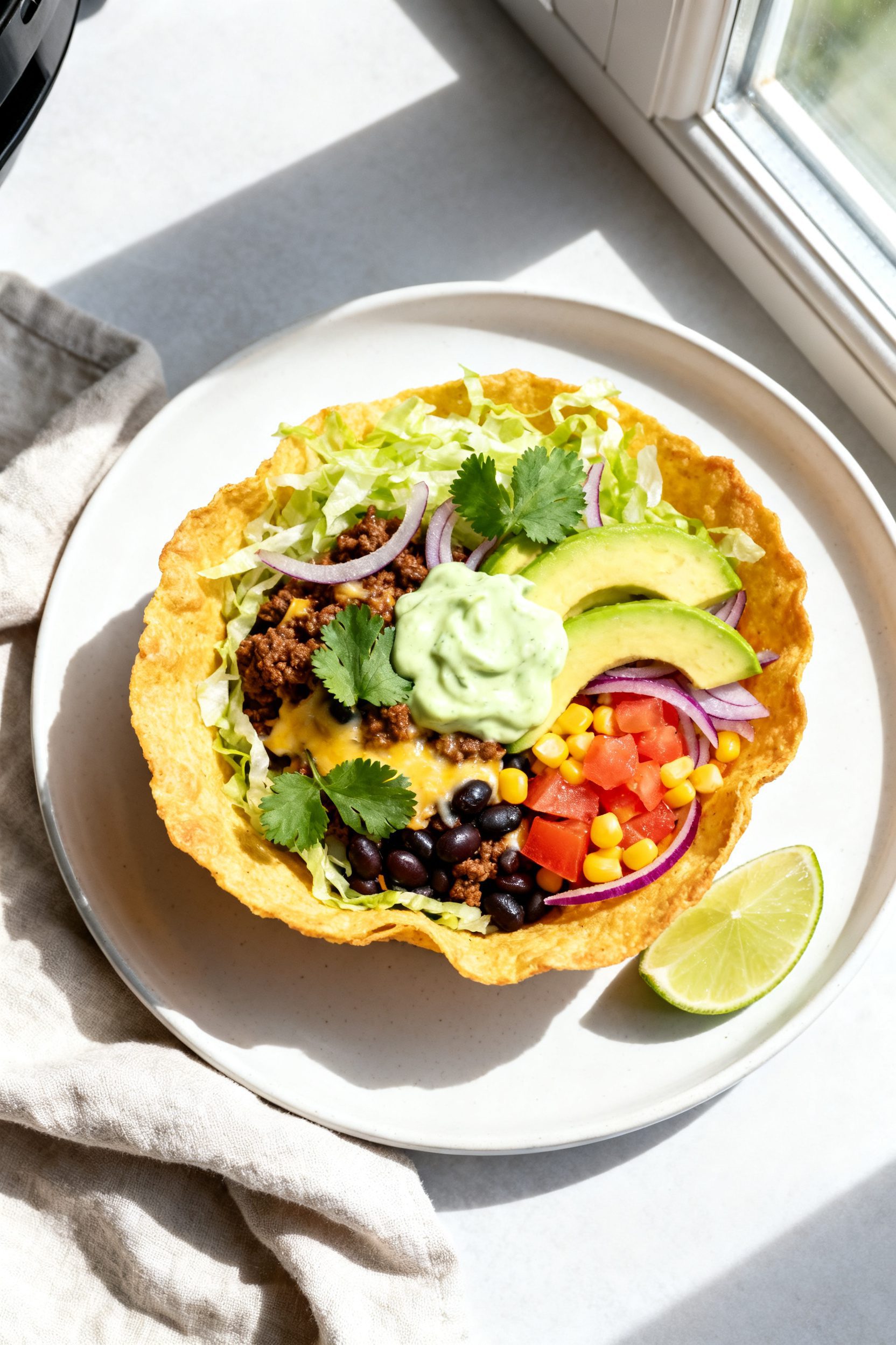 Final dish, tasty top view: Overhead shot of a fully assembled Air Fryer Taco Bowl in a golden, cris