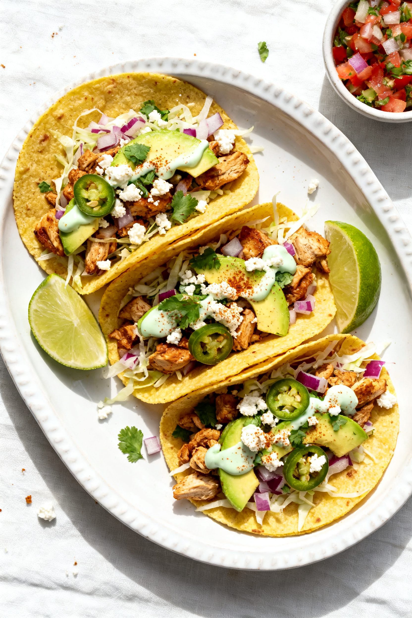 Final dish, tasty top view: Overhead shot of assembled air fryer chicken tacos—warm corn tortillas