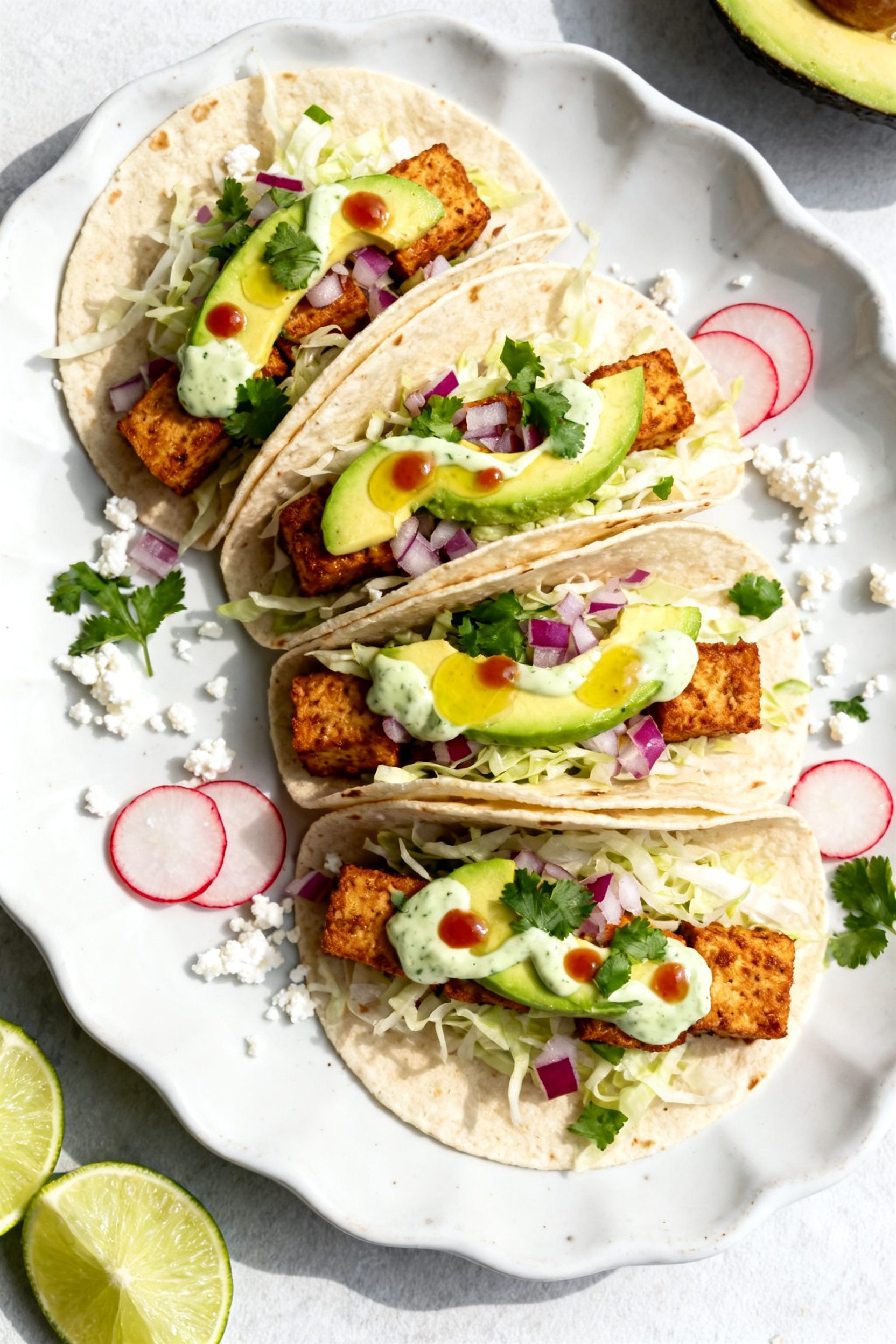 Final dish, top view: Finished tofu tacos arranged in a fan on a white ceramic platter—each filled